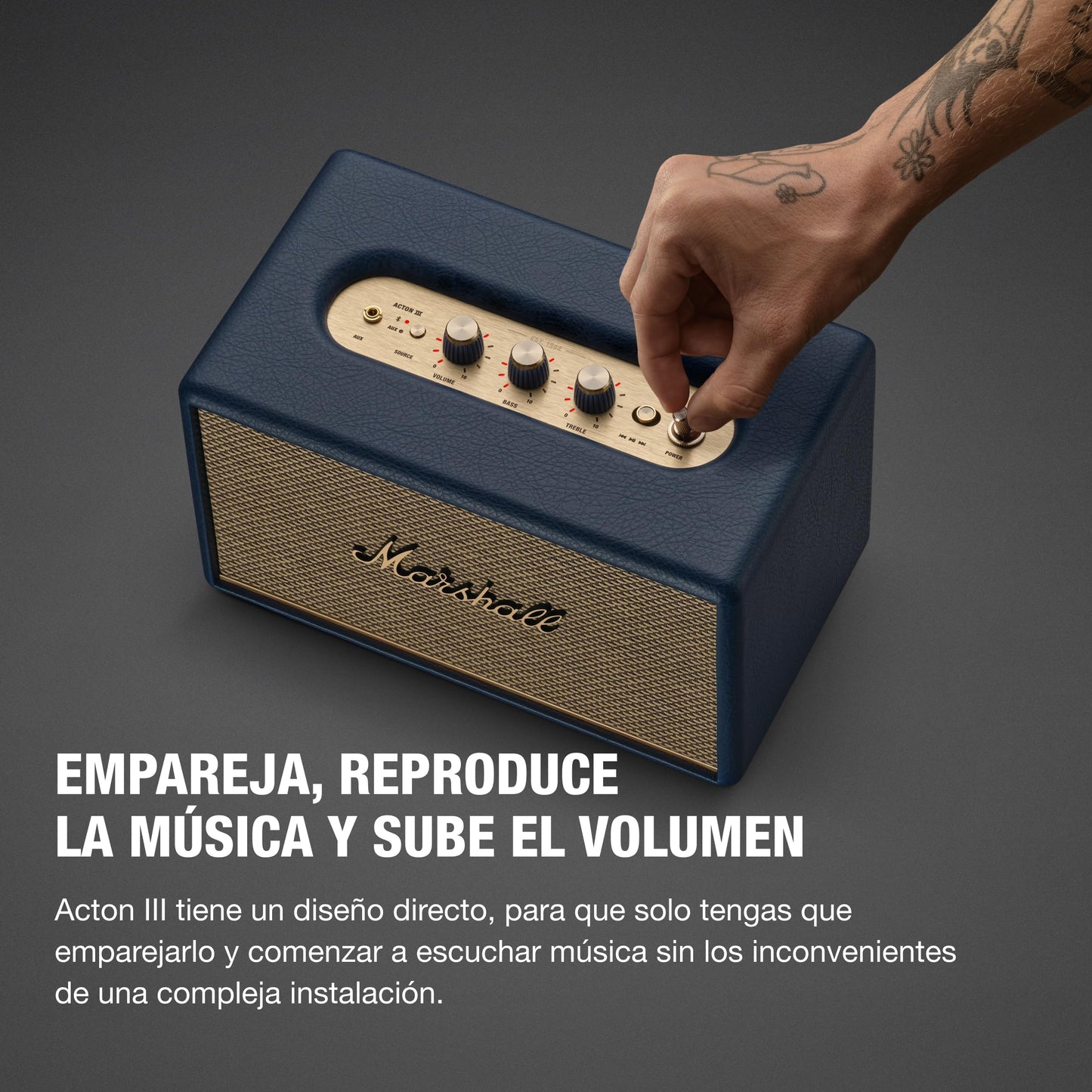 Marshall Acton III Bocina Bluetooth – Sonido Estéreo Potente con Controles de Bajos y Agudos | Funciona Conectada a la Corriente | Entrada Auxiliar de 3.5 mm | Azul Medianoche