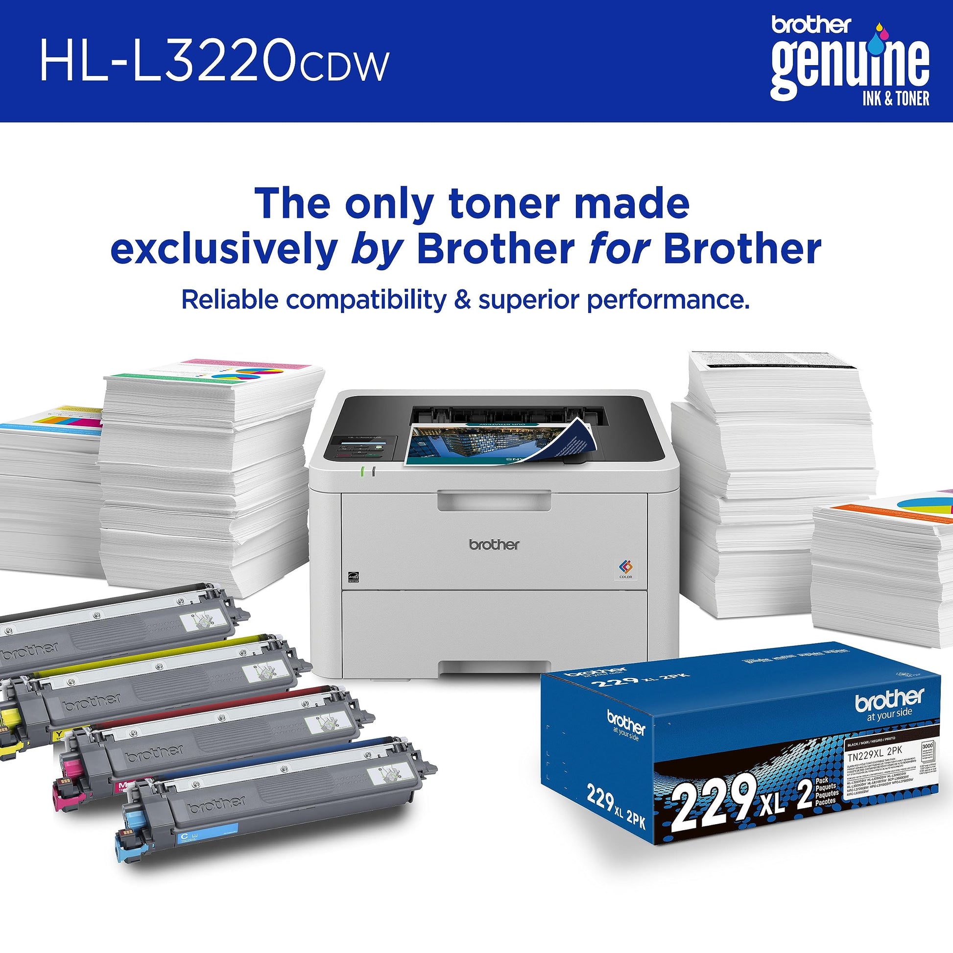 Brother Impresora láser Color con impresión inalámbrica rápida de Salida de 19 ppm, función dúplex, Compatible con Dispositivos móviles, Bandeja de Papel de 250 Hojas para impresión Profesional de