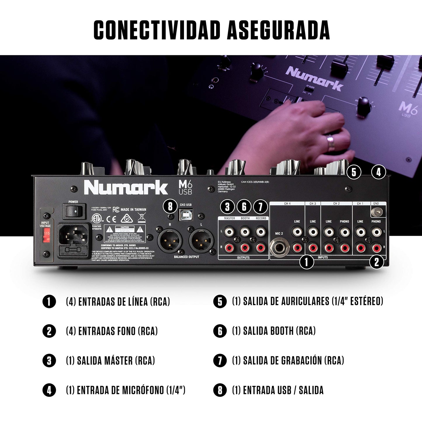 Mezclador DJ Numark M6 USB con Interfaz de Audio Integrada y Crossfader Reemplazable