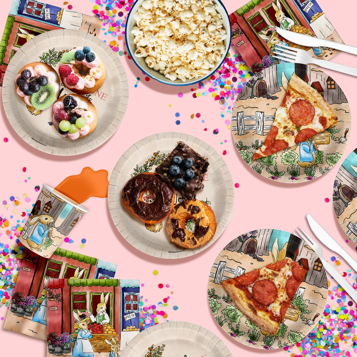 Peter Rabbit - Suministros para fiesta de baby shower para niña, 64 piezas, juego de vajilla de primavera para baby shower, incluye platos grandes de 9 pulgadas y platos de papel de postre de 8