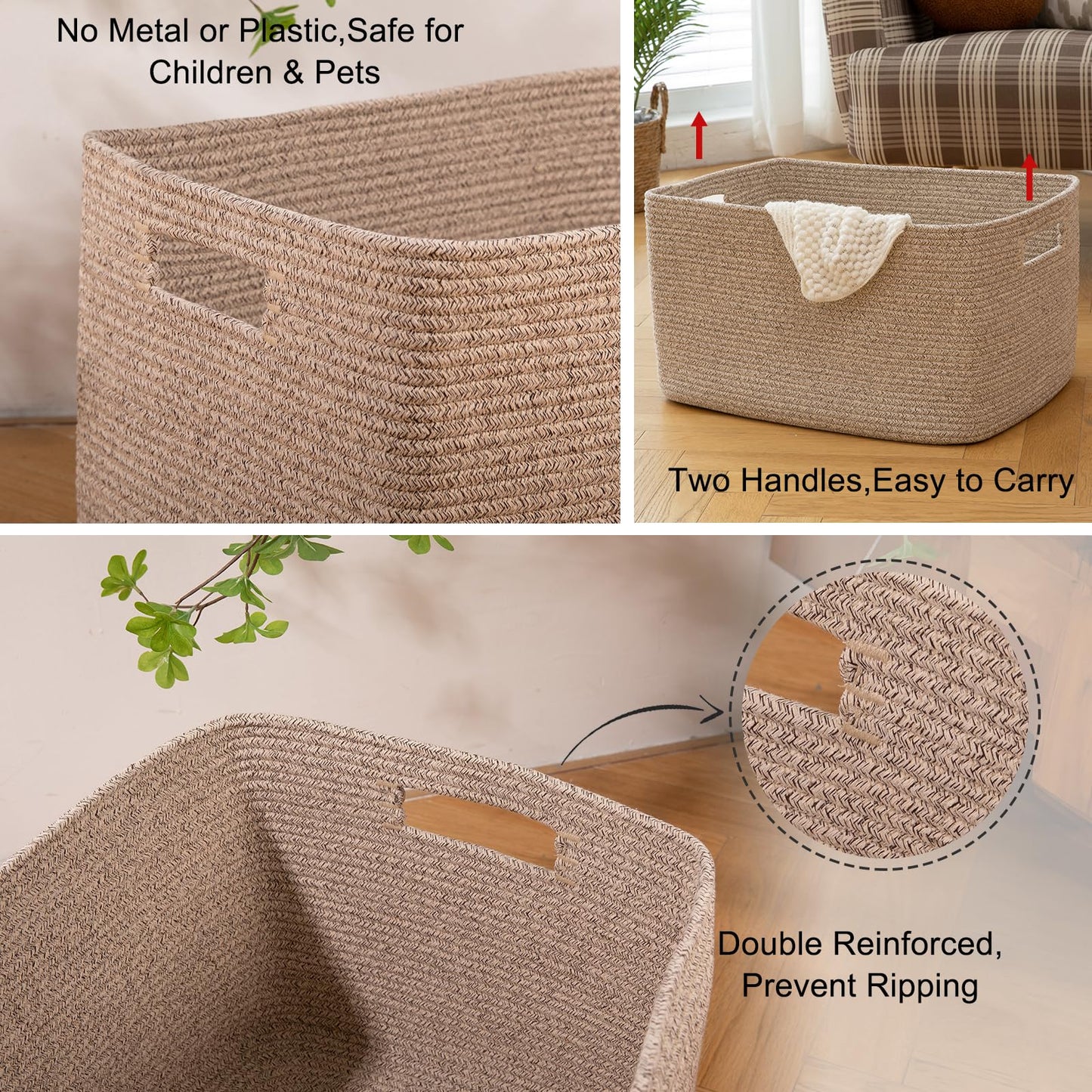 OIAHOMY Cesta de cuerda de algodón rectangular tejida para guardería, cesta de almacenamiento de juguetes con asa, marrón variegado, 45.7 x 35.6 x 30.5 cm