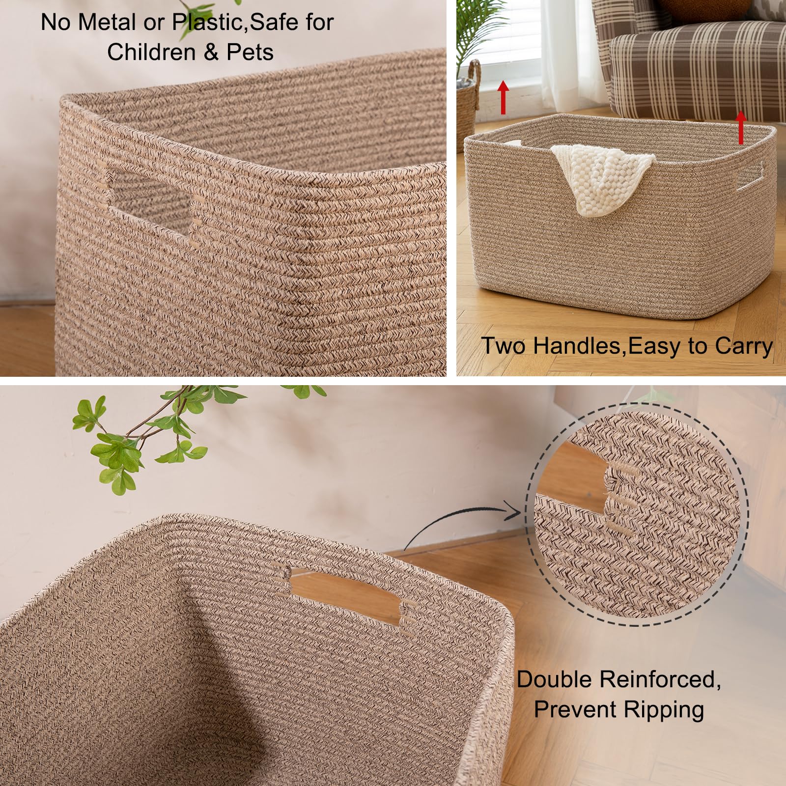 OIAHOMY Cesta de cuerda de algodón rectangular tejida para guardería, cesta de almacenamiento de juguetes con asa, marrón variegado, 45.7 x 35.6 x 30.5 cm