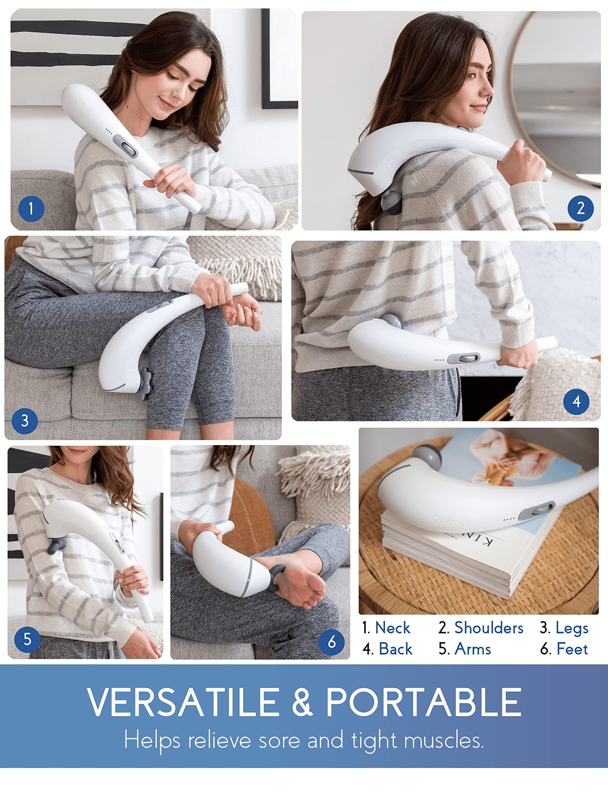 Zyllion Masajeador de mano para espalda y cuello, inalámbrico, recargable, eléctrico, vibrante, masaje de tejido profundo con calor para atletas, recuperación y alivio del dolor muscular, color blanco (ZMA-27-WT)