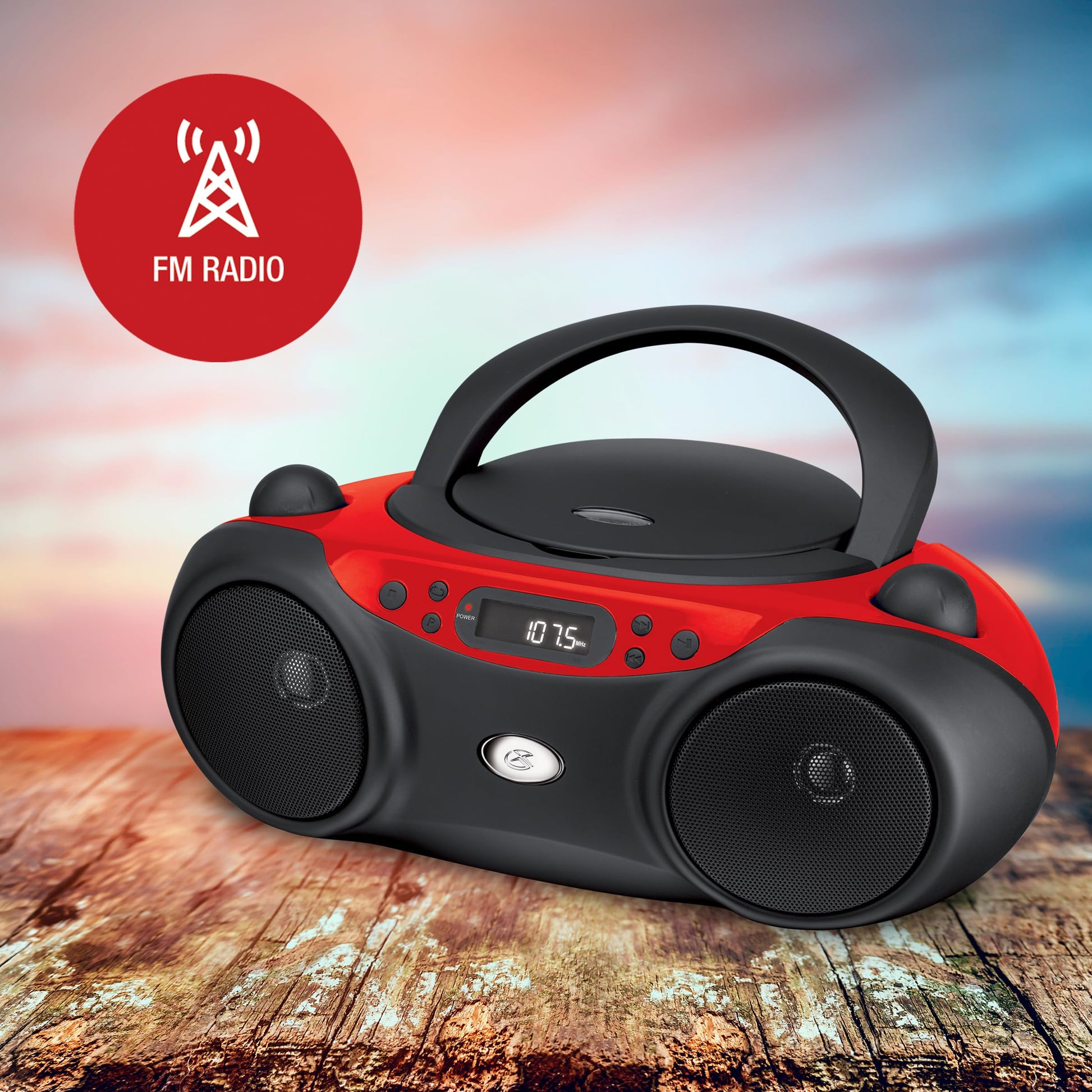GPX, Inc. Portacasetera para CD de carga superior con radio AM/FM y entrada de línea de 3.5 mm para dispositivo MP3, rojo/negro