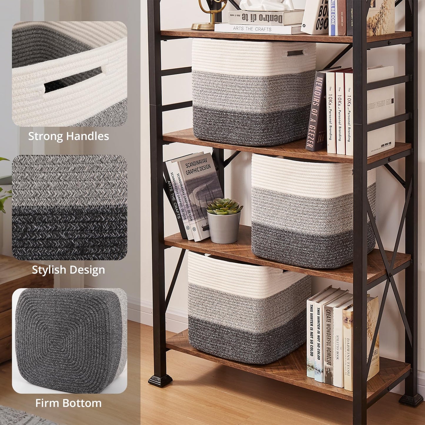 OIAHOMY - Cestas tejidas de cuerda de algodón para organizar 3 unidades de 13 x 13 x 12.6 pulgadas, cestas rectangulares de almacenamiento para ropa, cestas de almacenamiento para niños, sala de