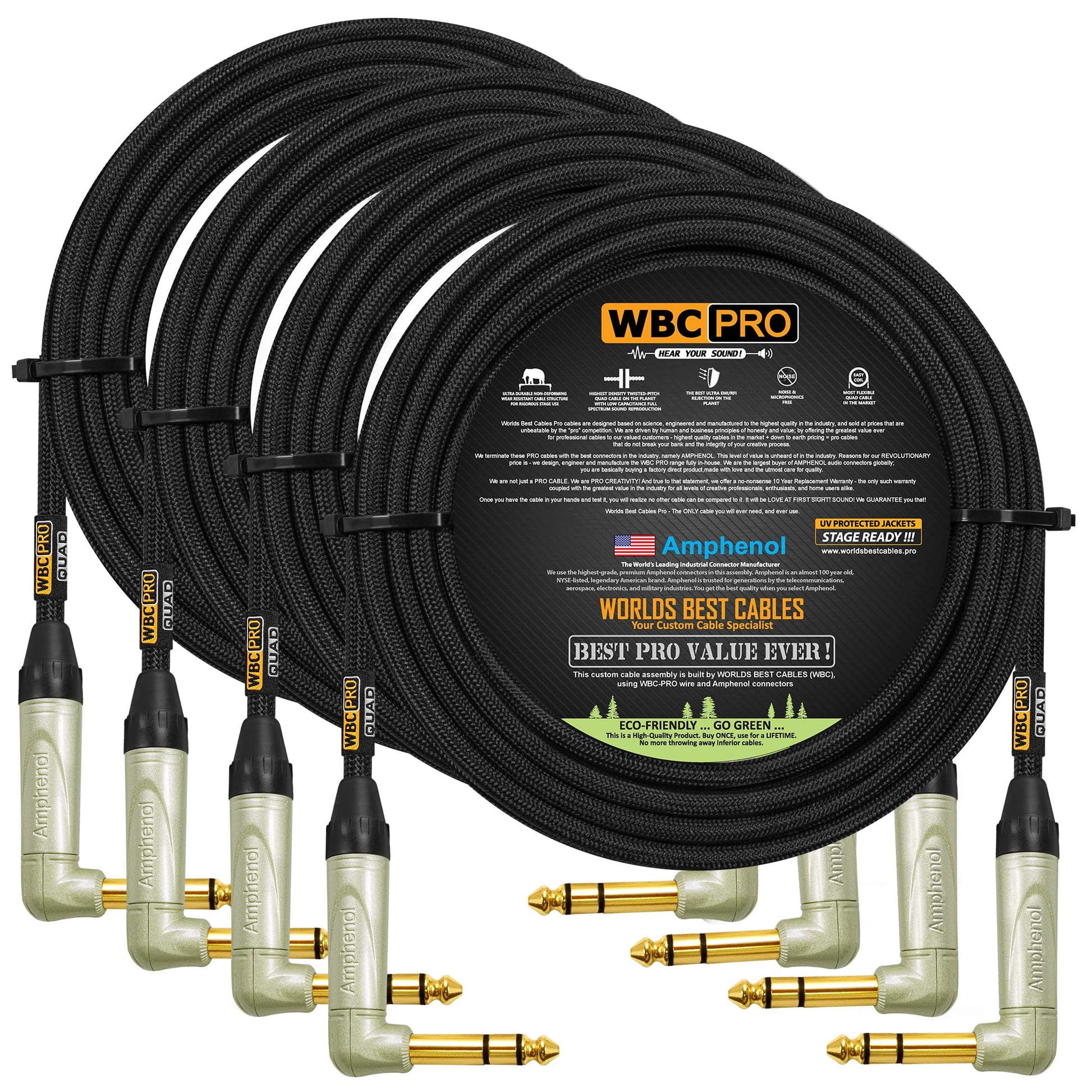 Cable Balanceado Star-Quad WBC-PRO Negro 30 Pies Ultra Silencioso Ultra Flexible con Conectores Amphenol TRS Oro