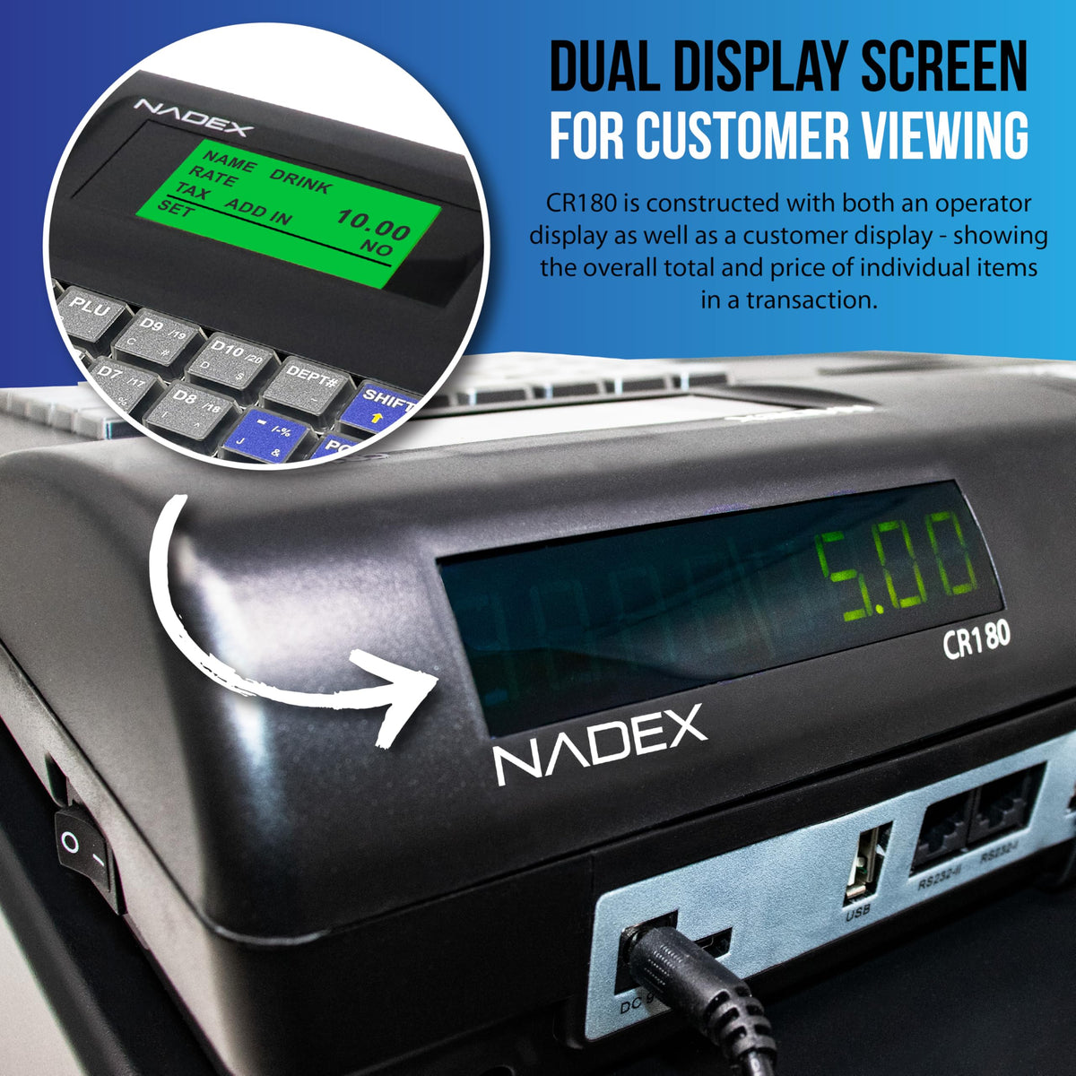 Caja Registradora Electrónica Nadex CR180 Negro con Cajón de Efectivo de Acero y Diseño Compacto
