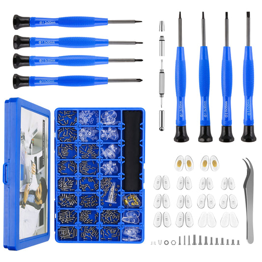 Kit de reparación de vidrio magnético para ojos, kit de herramientas de reparación de gafas con caja de tornillo compacta que incluye almohadillas para la nariz, juego de destornilladores de precisión, tornillos, pinzas para gafas, gafas de sol, reloj de