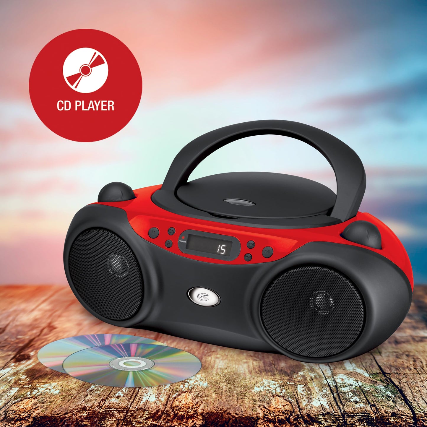 GPX, Inc. Portacasetera para CD de carga superior con radio AM/FM y entrada de línea de 3.5 mm para dispositivo MP3, rojo/negro