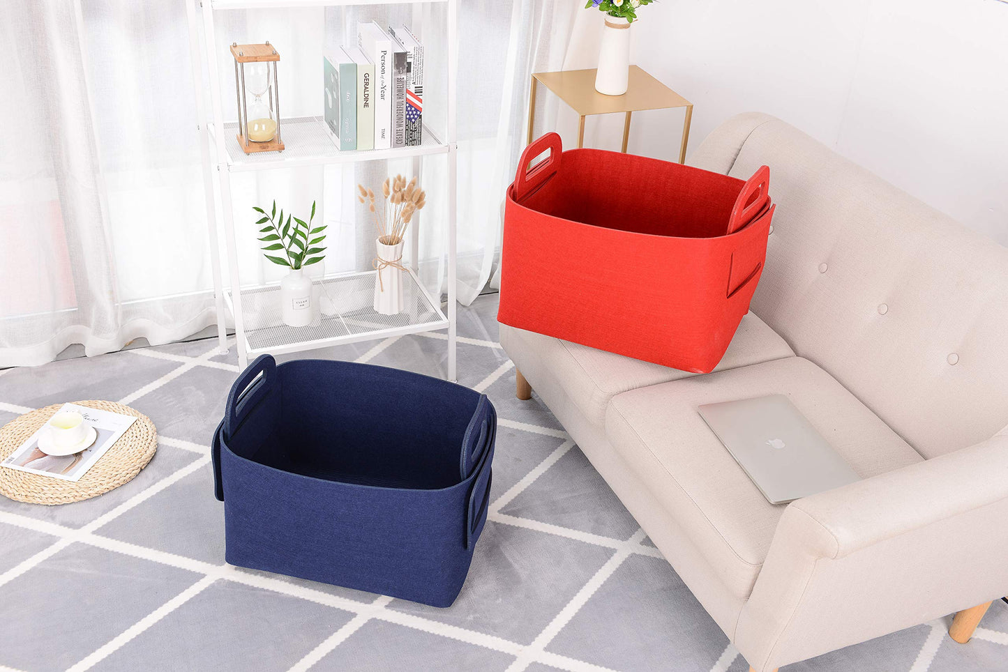 Cesta de almacenamiento de fieltro plegable y conveniente organizador con asas de transporte para oficina, recámara, clóset, bebé, juguetes de guardería, ropa (azul marino, 18.9 pulgadas de largo x