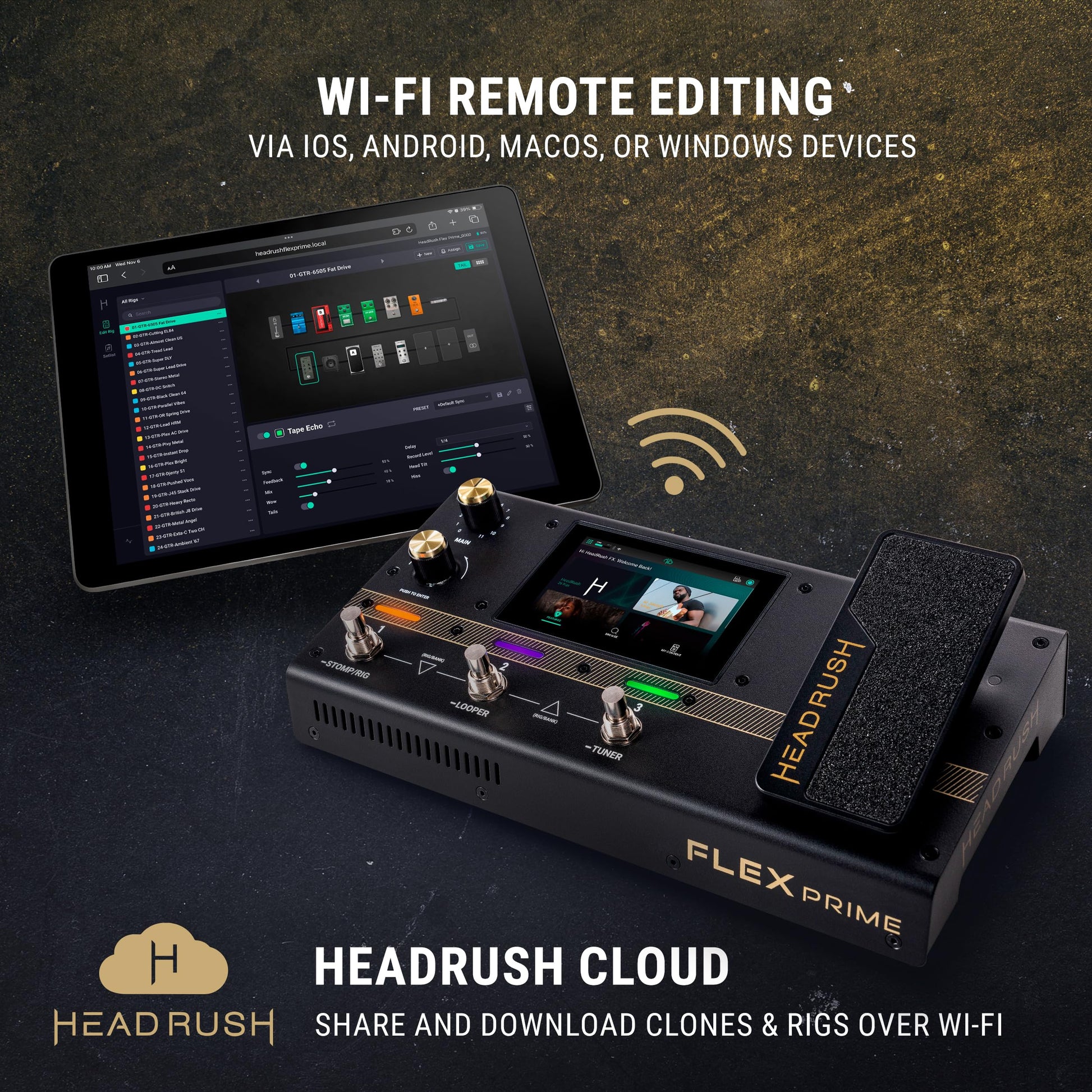 HeadRush Flex Prime - Pedal Multiefectos para Guitarra y Bajo y Procesador de Modelado de Amplis con Pantalla Táctil, Looper, WiFi, Bluetooth y USB