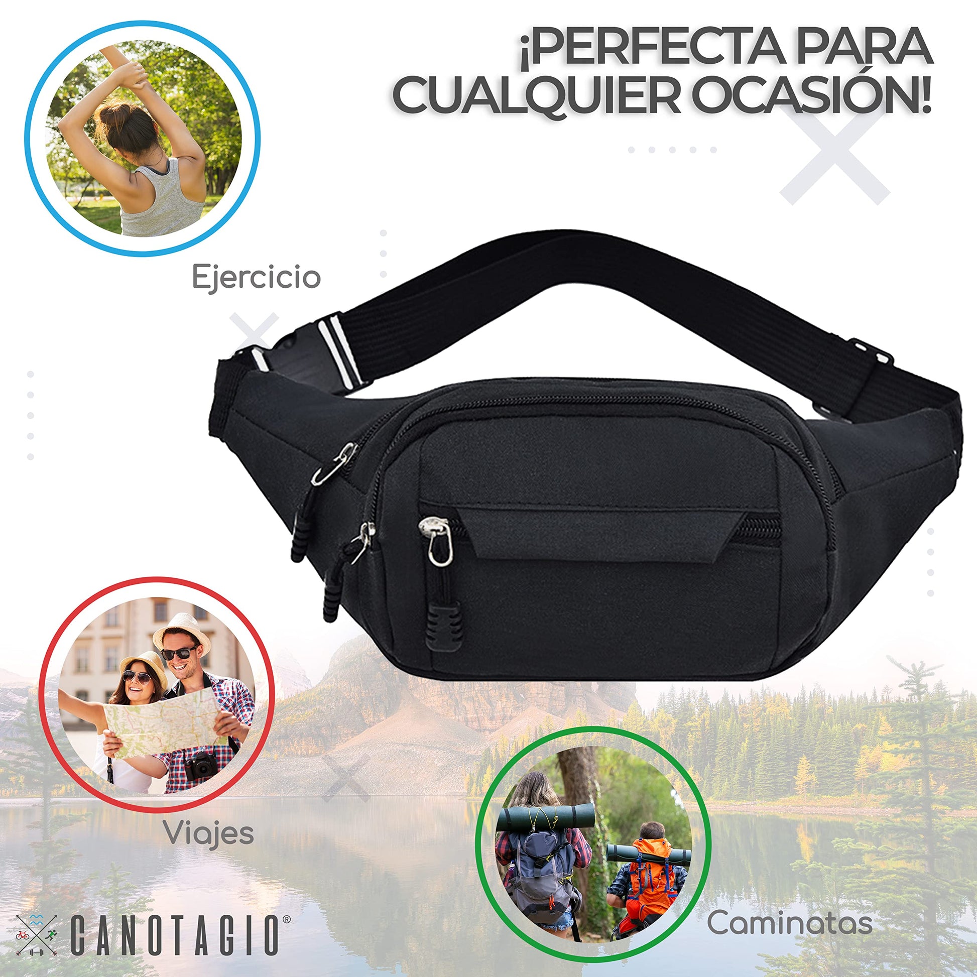 Canotagio Cangurera Deportiva de Viaje con Tela Impermeable de Amplia Capacidad. Para Hombre y Mujer. Excelente Riñonera de Viaje Ajustable. Fanny Pack/Running Belt/Travel Pouch. (Negro)