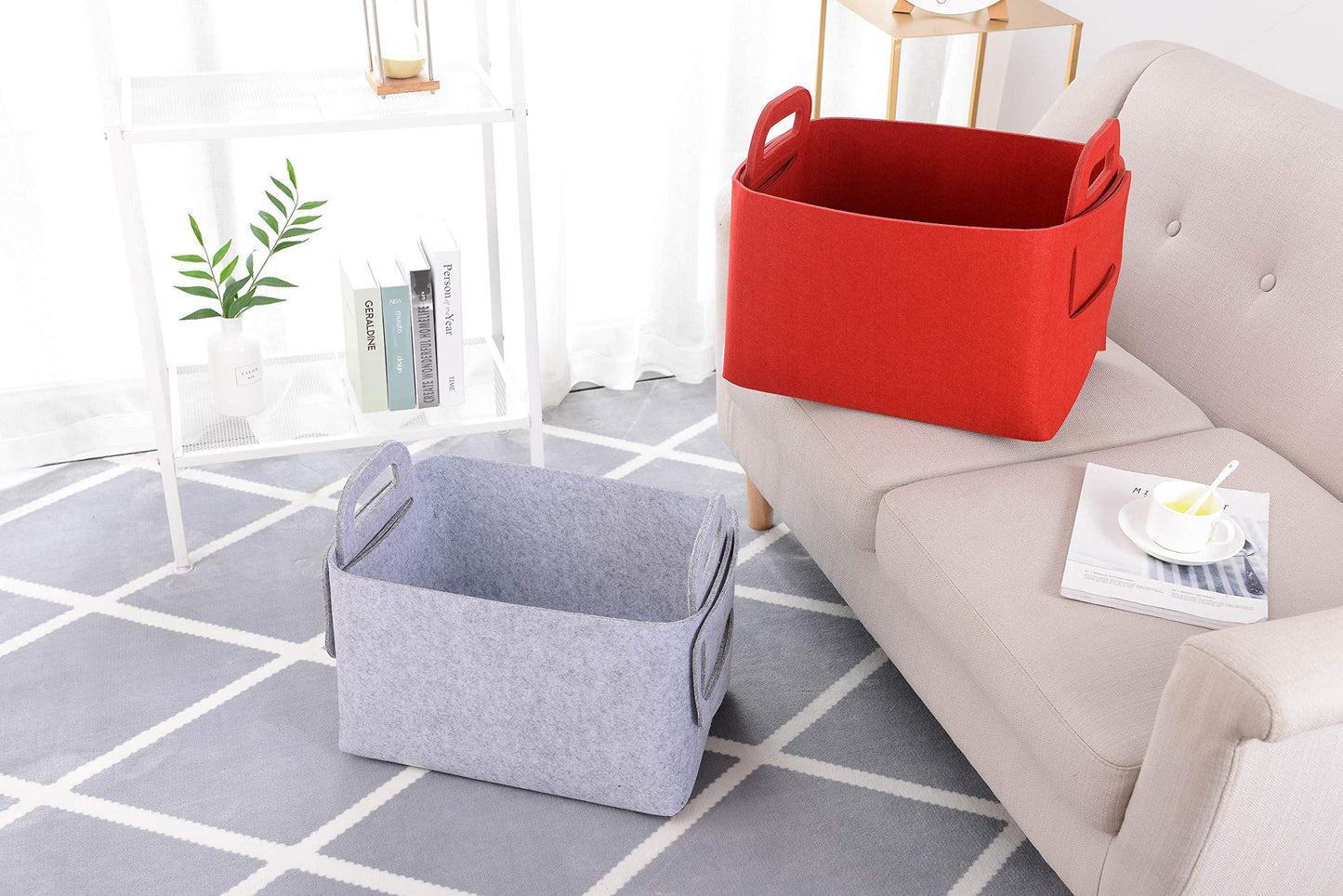 Minoisome - Cesta de almacenamiento de fieltro plegable y conveniente organizador de caja con asas de transporte para oficina, recámara, clóset, bebés, guardería, juguetes de lavandería (rojo, 15.7