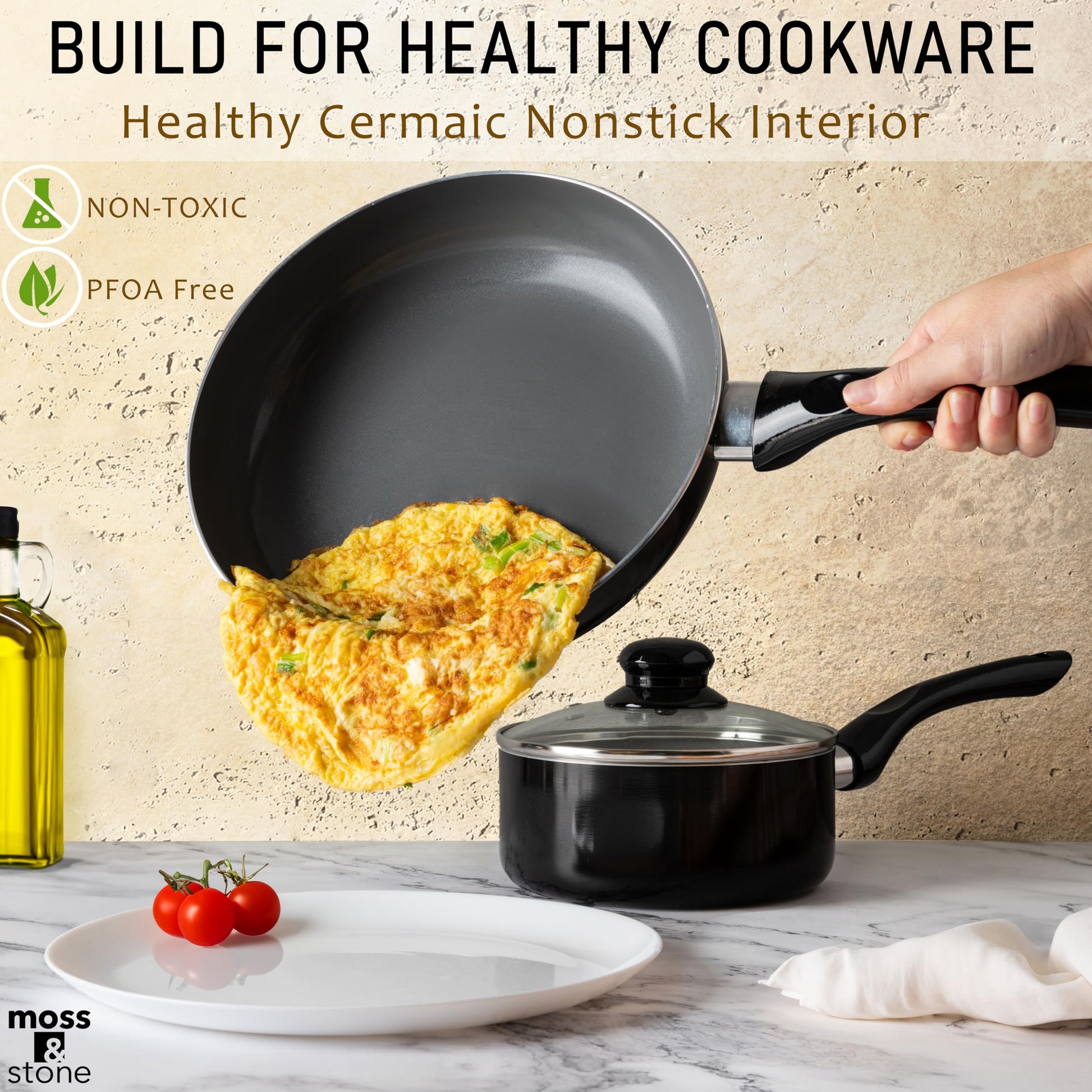 Juego de Utensilios de Cocina Moss & Stone Antiadherentes con Tapa de Vidrio y Mango Fresco