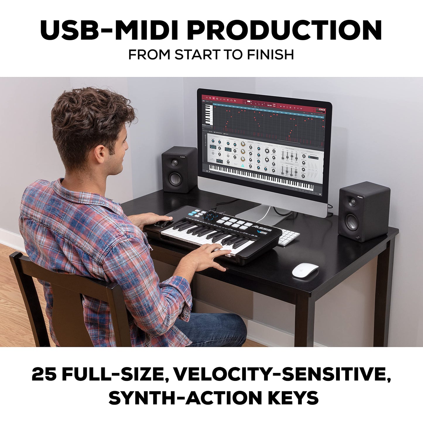 Alesis V25 MKII - Teclado Controlador MIDI USB, 25 teclas sensibles a la velocidad, 8 Pads con Full Level, Arpegiador, Rueda Pitch/Mod, Note Repeat y Suite de software