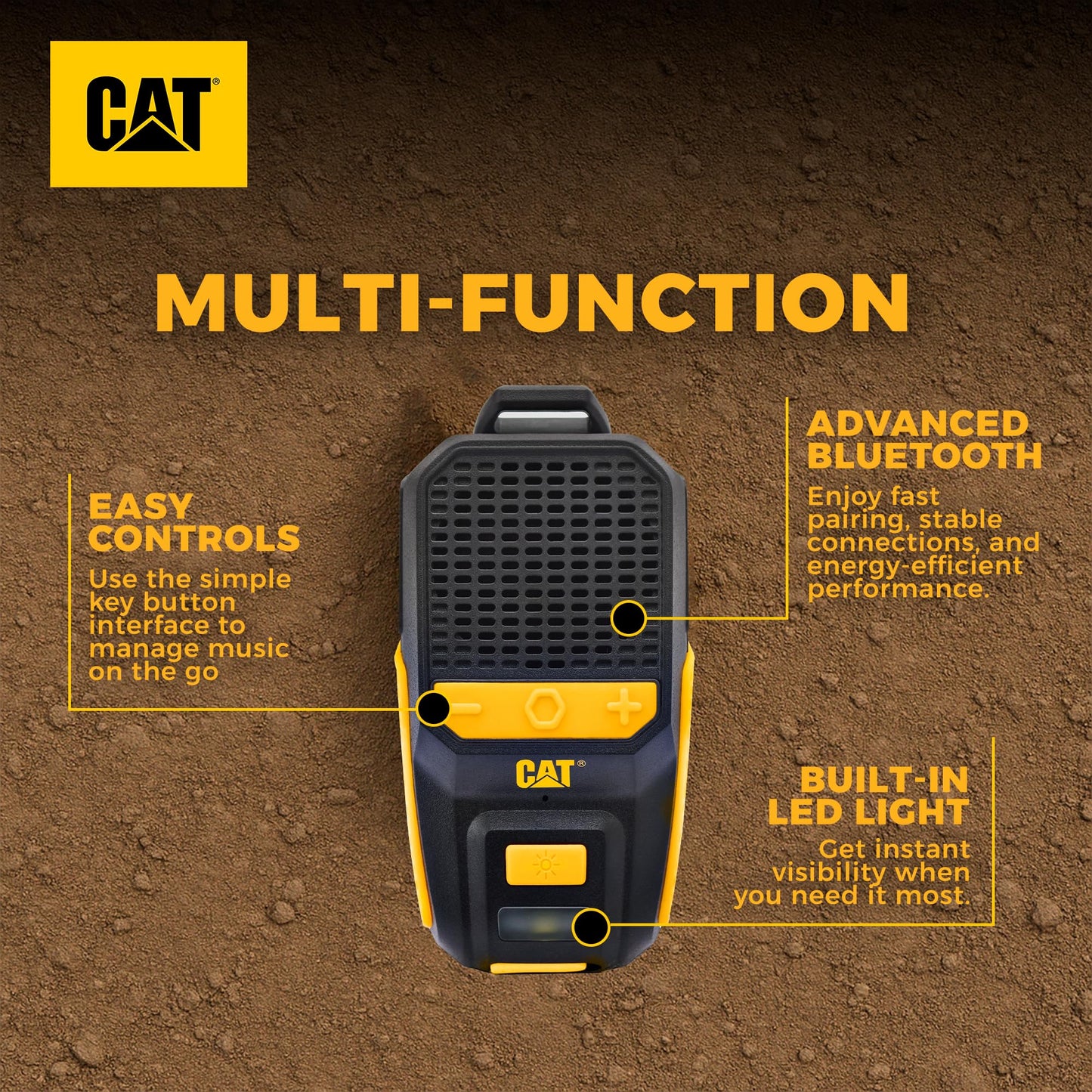 CAT - Altavoz Bluetooth portátil | Altavoz con clip con micrófono integrado para lugar de trabajo, construcción, exterior, resistente al agua, llamadas y música manos libres