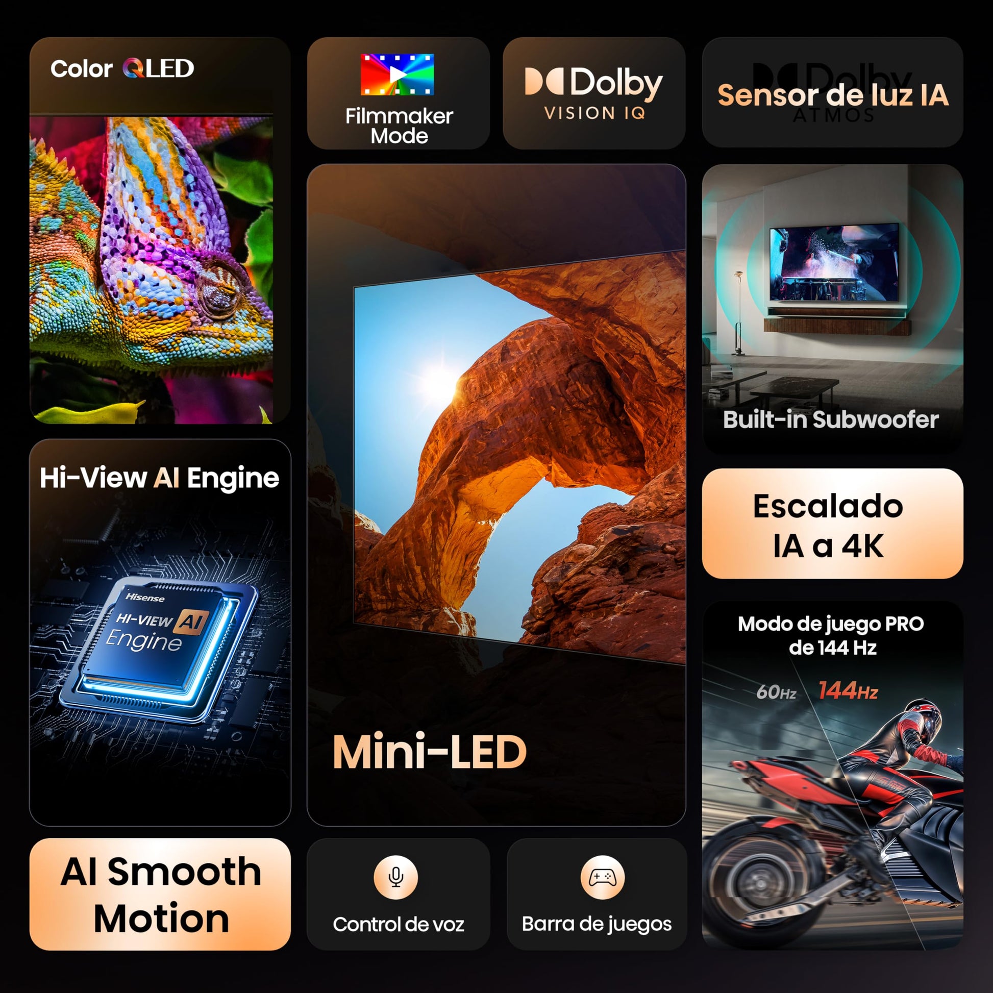 Hisense Television U65QFM (Modelo 2025) Pantalla 55 Pulgadas,Mini-LED Smart Fire TV UHD 4K,Control Remoto por Voz con Alexa,Modo de Juego Pro de 144 Hz,Hi-View AI Engine, mira TV en Vivo sin Cable