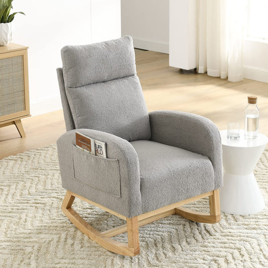 Krinana - Mecedora de guardería con patas de madera maciza, silla planeadora para guardería con dos bolsillos laterales, sillón basculante para sala de estar, recámara (gris, tela de peluche)