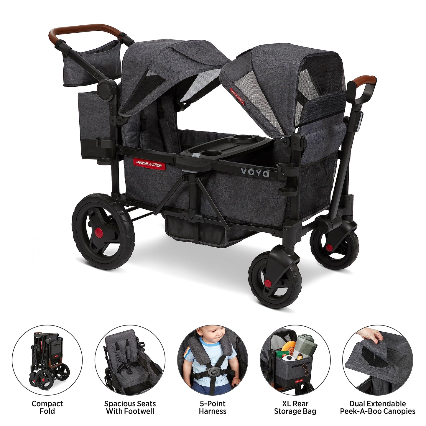 Carriola Vagón Radio Flyer Voya Gris con Asientos Doble Face-to-Face y Capota Ajustable para Protección UV