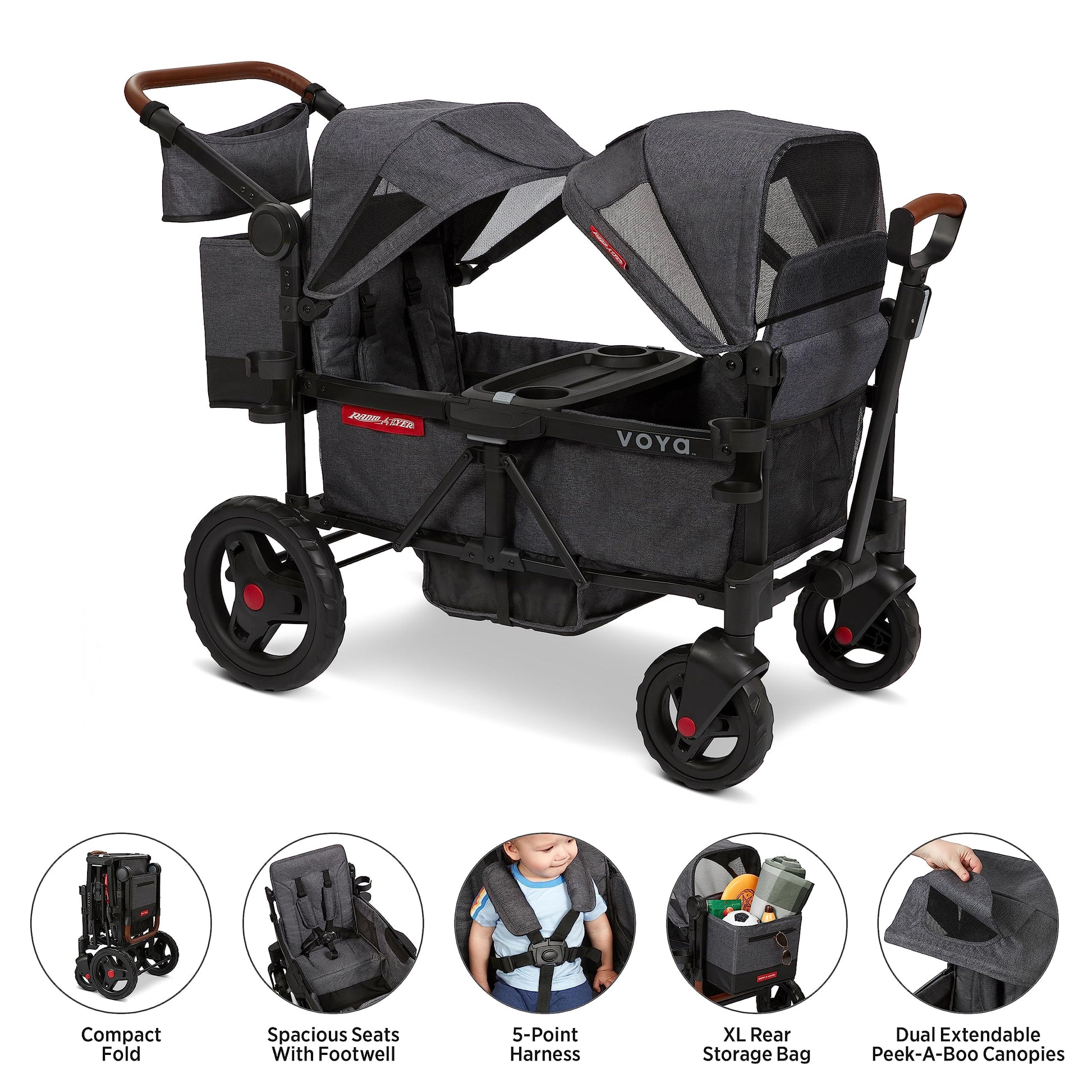 Carriola Vagón Radio Flyer Voya Gris con Asientos Doble Face-to-Face y Capota Ajustable para Protección UV