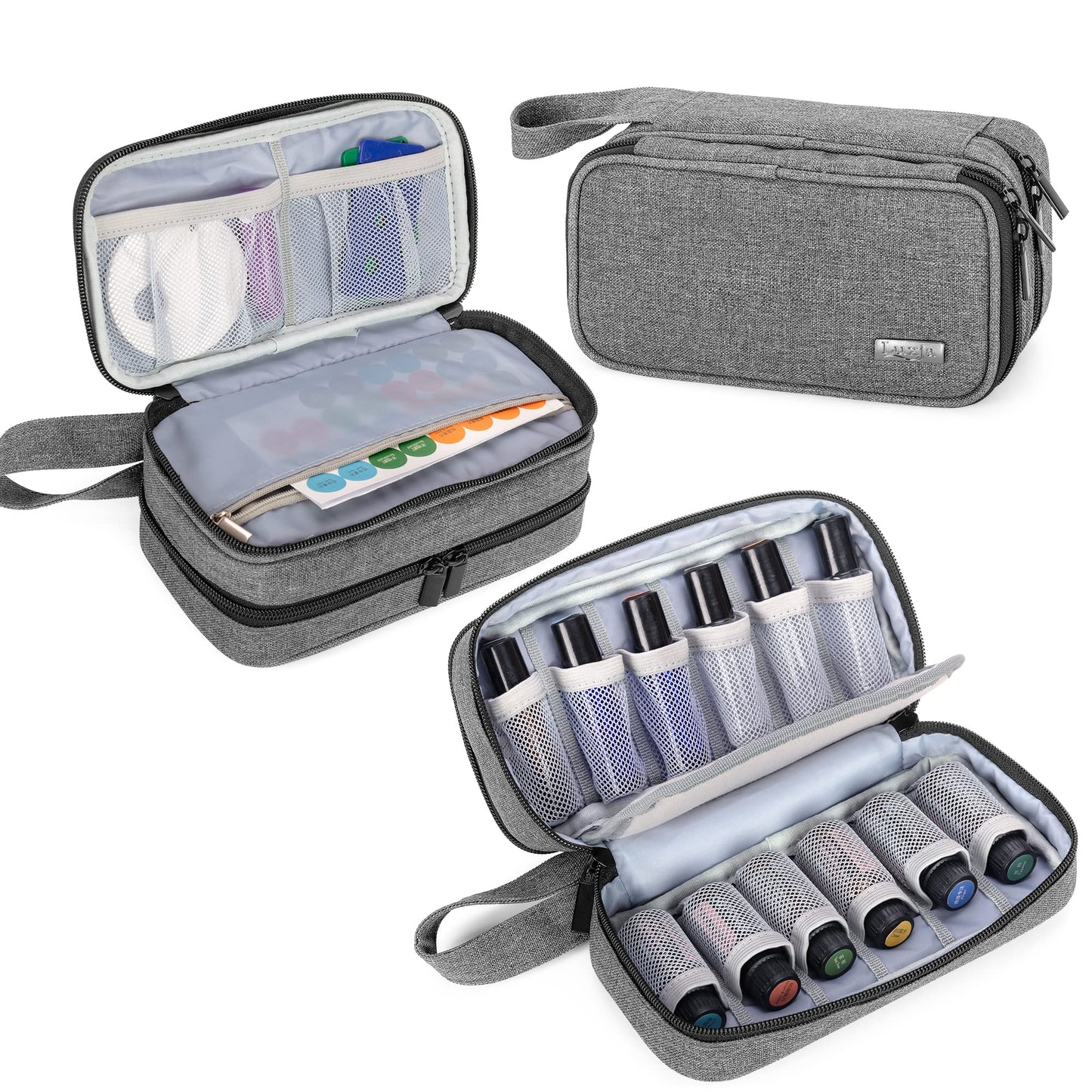 (Double-layer Bag, Gray) - Luxja Essential Oil Carrying Case - Holds 12 Bottles (5ml-15ml, Also Fits for Roller Bottles), Portable Double-Layer Organiser for Essential Oil and Accessories, Grey