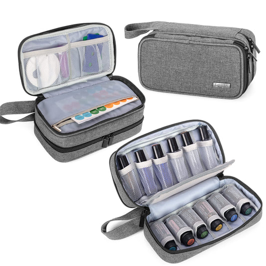 (Double-layer Bag, Gray) - Luxja Essential Oil Carrying Case - Holds 12 Bottles (5ml-15ml, Also Fits for Roller Bottles), Portable Double-Layer Organiser for Essential Oil and Accessories, Grey