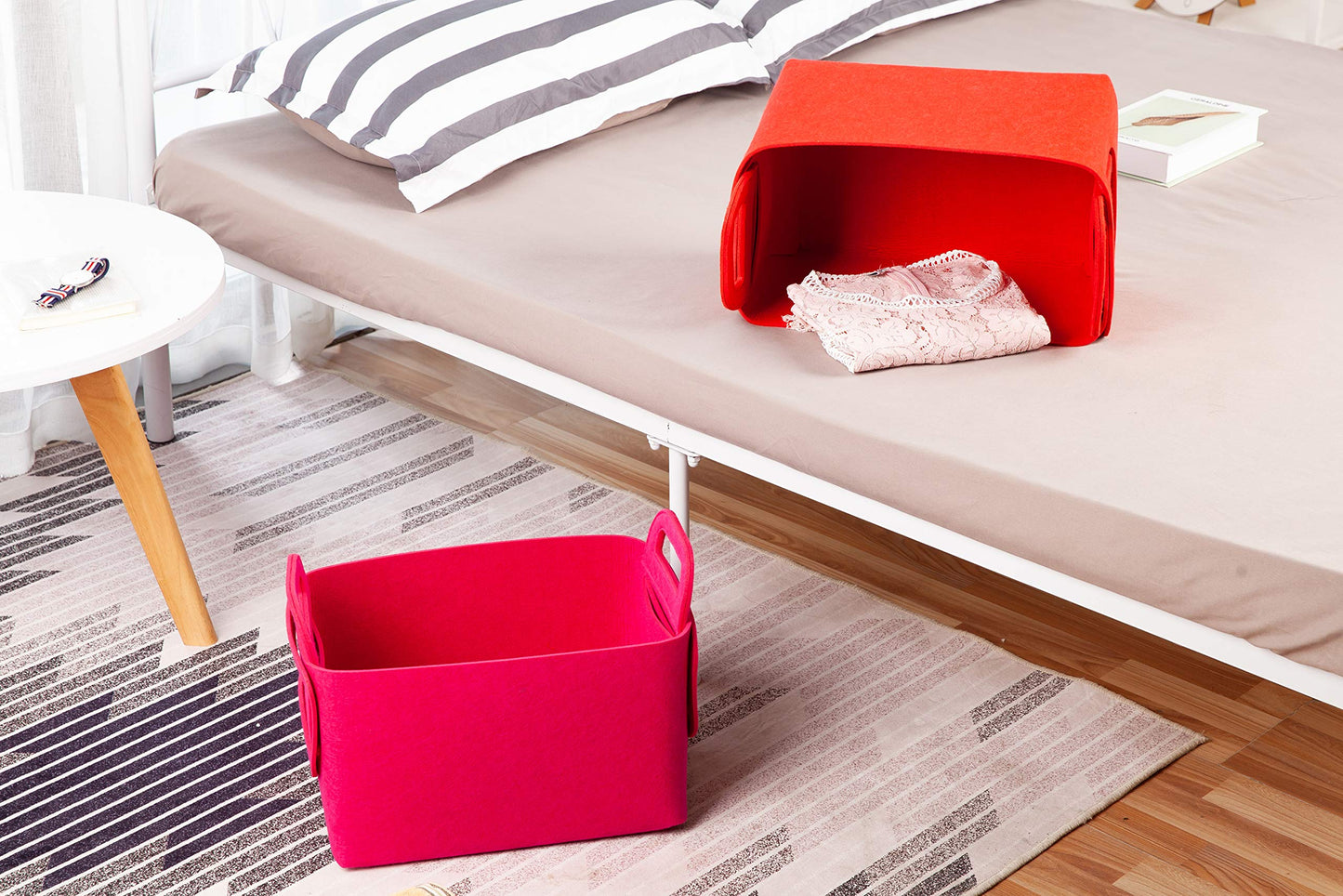 Minoisome - Cesta de almacenamiento de fieltro plegable y conveniente organizador con asas de transporte para oficina, recámara, clóset, bebés, guardería, juguetes de lavandería (rojo, 13.8 pulgadas