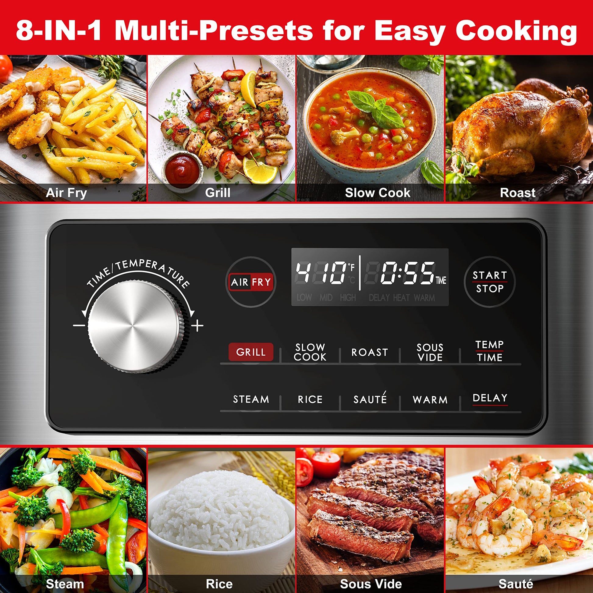 Galanz Cocina múltiple 8 en 1 con freír al aire, al aspiradora, arroz, saltear, cocción lenta, vapor, asado y parrilla, tazón extraíble de 8 cuartos de galón, 8 programas preestablecidos, acero inoxidable