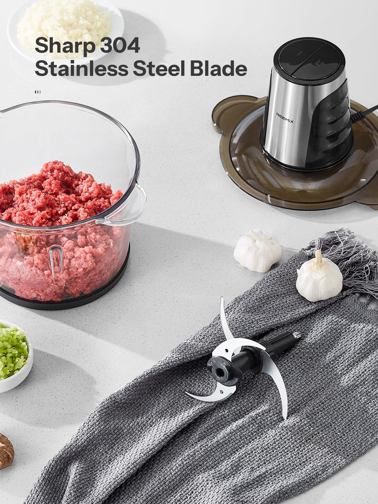 Picadora de Cocina Eléctrica Multipicadora con 2 Cuencos Grandes y 500 W, 2 Niveles de Velocidad, 4 Cuchillas para Carne, Cebollas, Frutas y Verduras