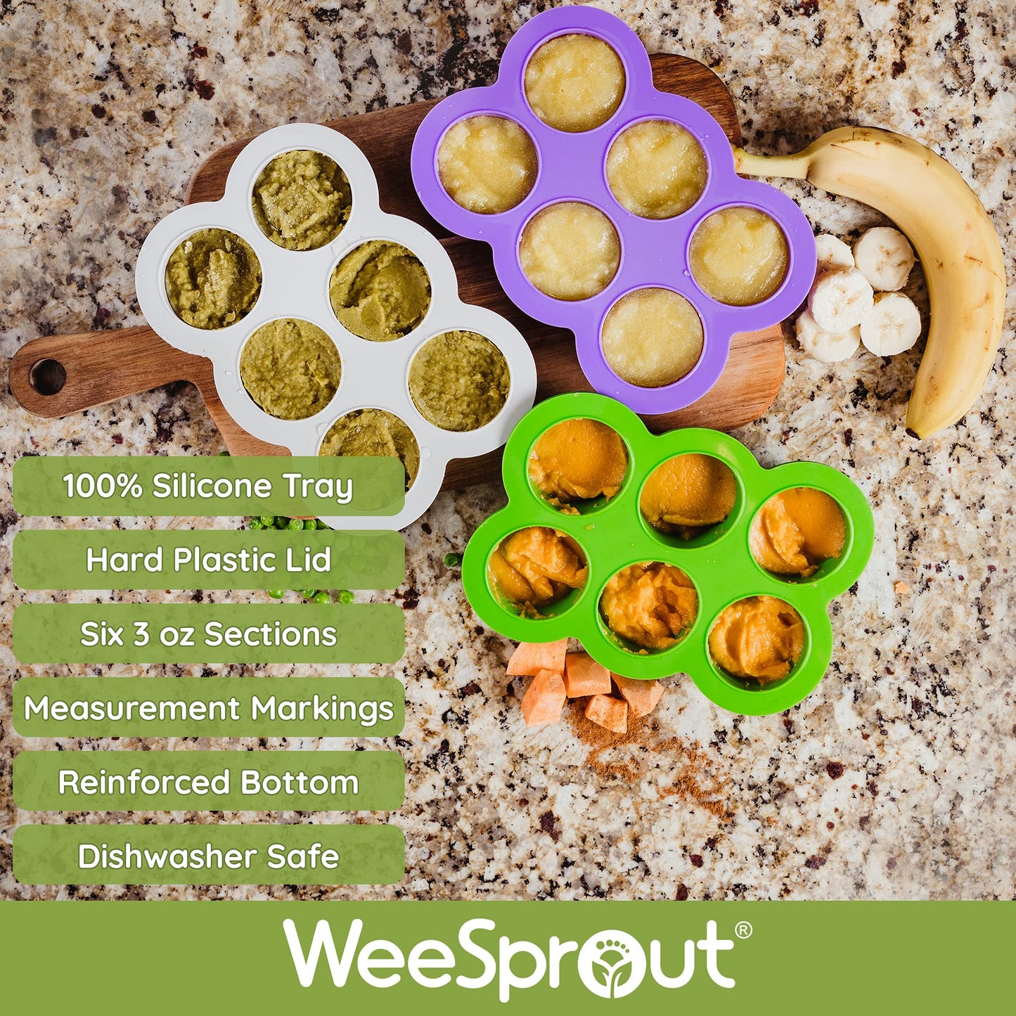 WeeSprout Silicone Freezer Tray with Clip on Lid Perfect Food Storage Container for Homemade Baby Food, Vegetable, Fruit Purees, and Breast Milk (Muted Green, Six 3 Ounce Sections)