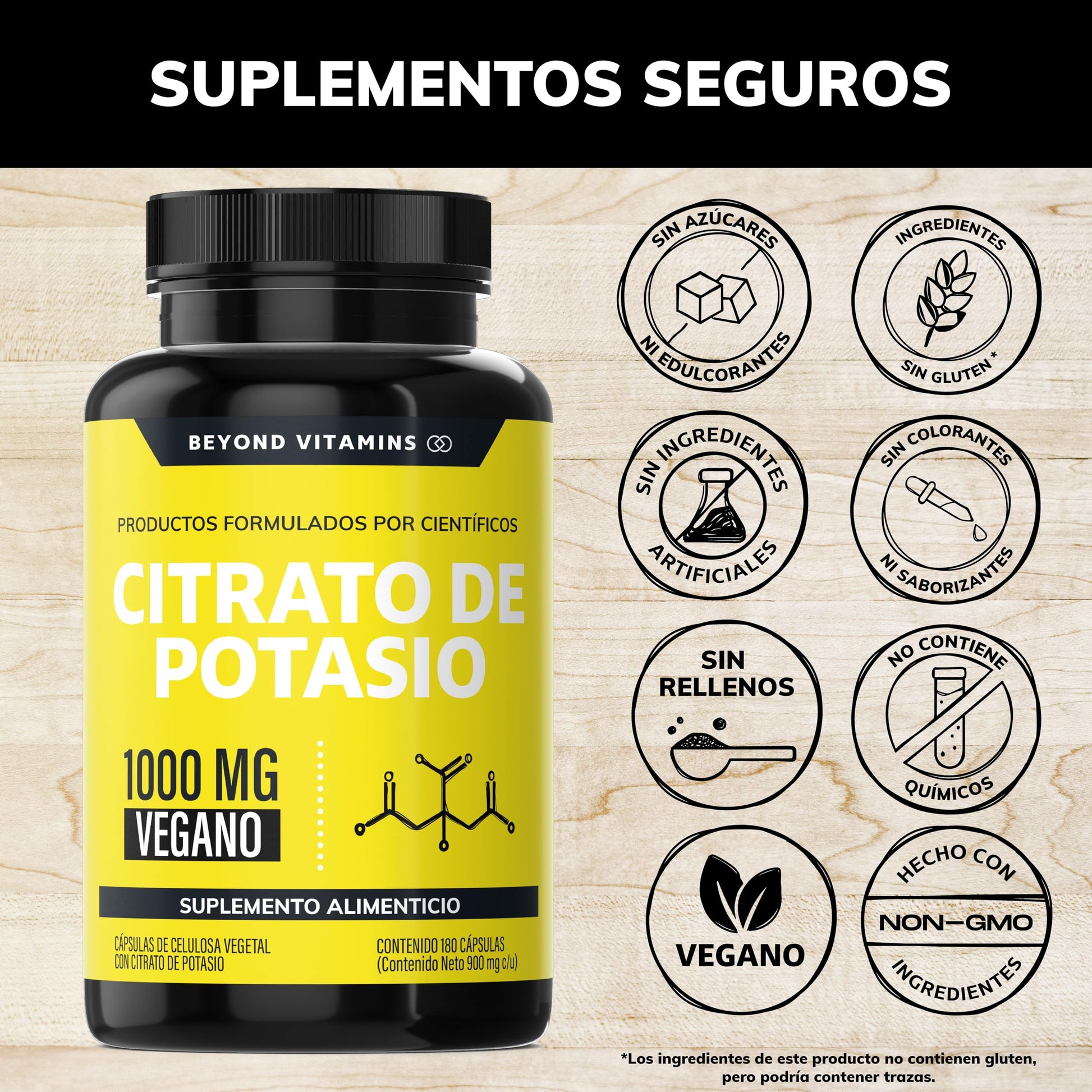 Citrato de Potasio 1000mg | Adicionados con Platano en Polvo, Curcuma y Semilla de uva | Vegano |Sin rellenos| Potassium Citrate -180 cápsulas