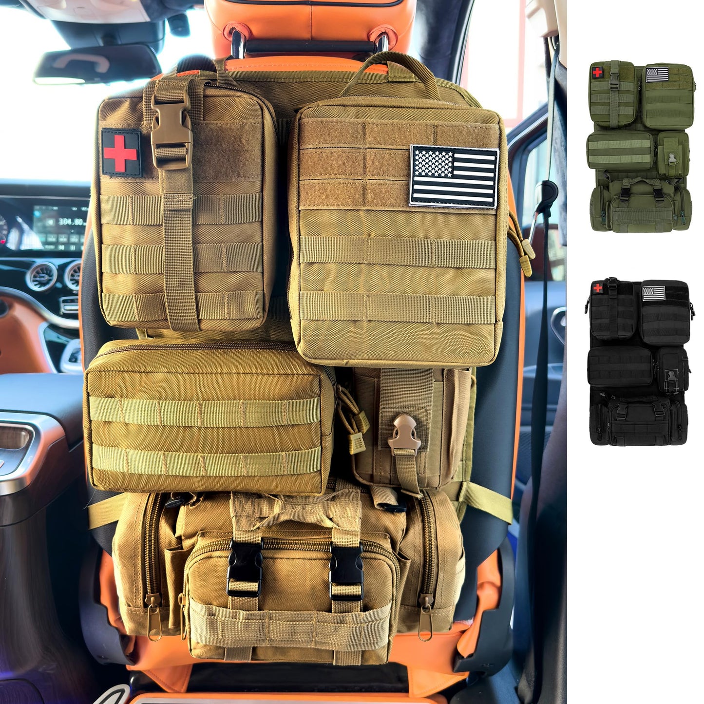 Paquete de 6 Organizadores Tácticos MOLLE para Respaldo de Asiento de Auto - Bolsa de Almacenamiento Universal para Vehículo con 5 Bolsillos MOLLE Desmontables, Parche de Bandera de EE.UU., Compatible