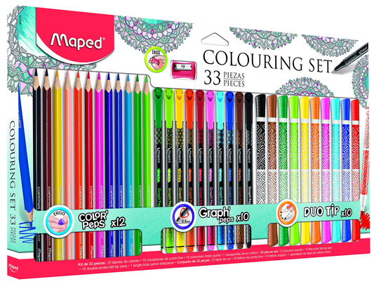 Maped - Set de Coloreo - 12 Lápices de colores Color'Peps Strong + Plumones Color'Peps bipuntas x10=20 + 10 Rotuladores finos Graph'Peps + 1 sacapuntas vivo