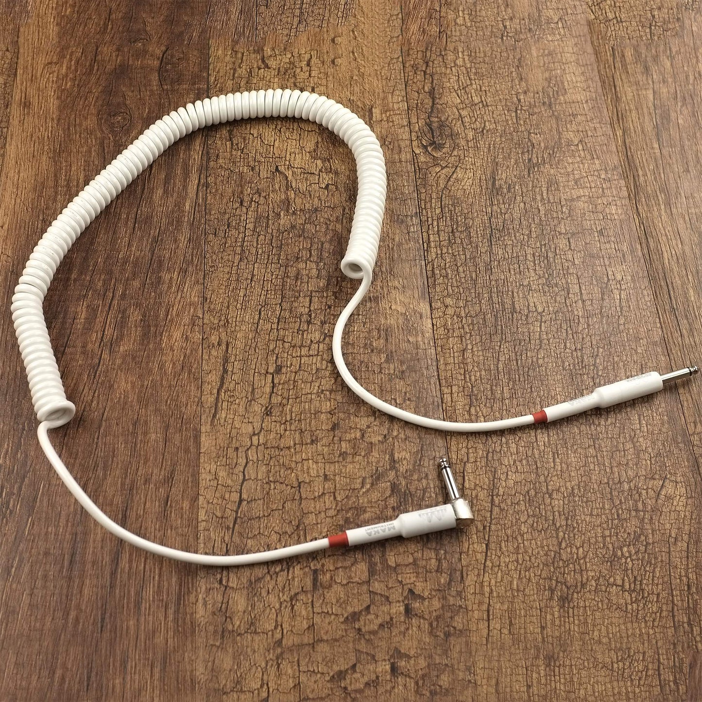 M MAKA - Cable de bobina de guitarra premium de 20 pies, cuerda rizada en espiral para guitarra, bajo de 1/4 pulgadas, ángulo recto a recto, color blanco