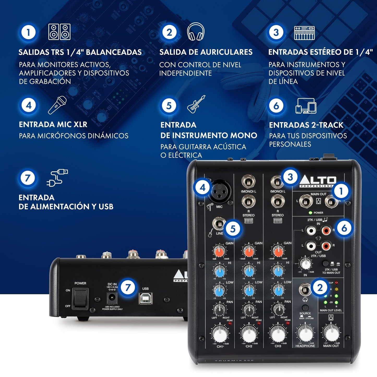 Mezcladora de Audio ALTO TrueMix 500 Interfaz USB Negro para Actuar en Directo y Podcasts