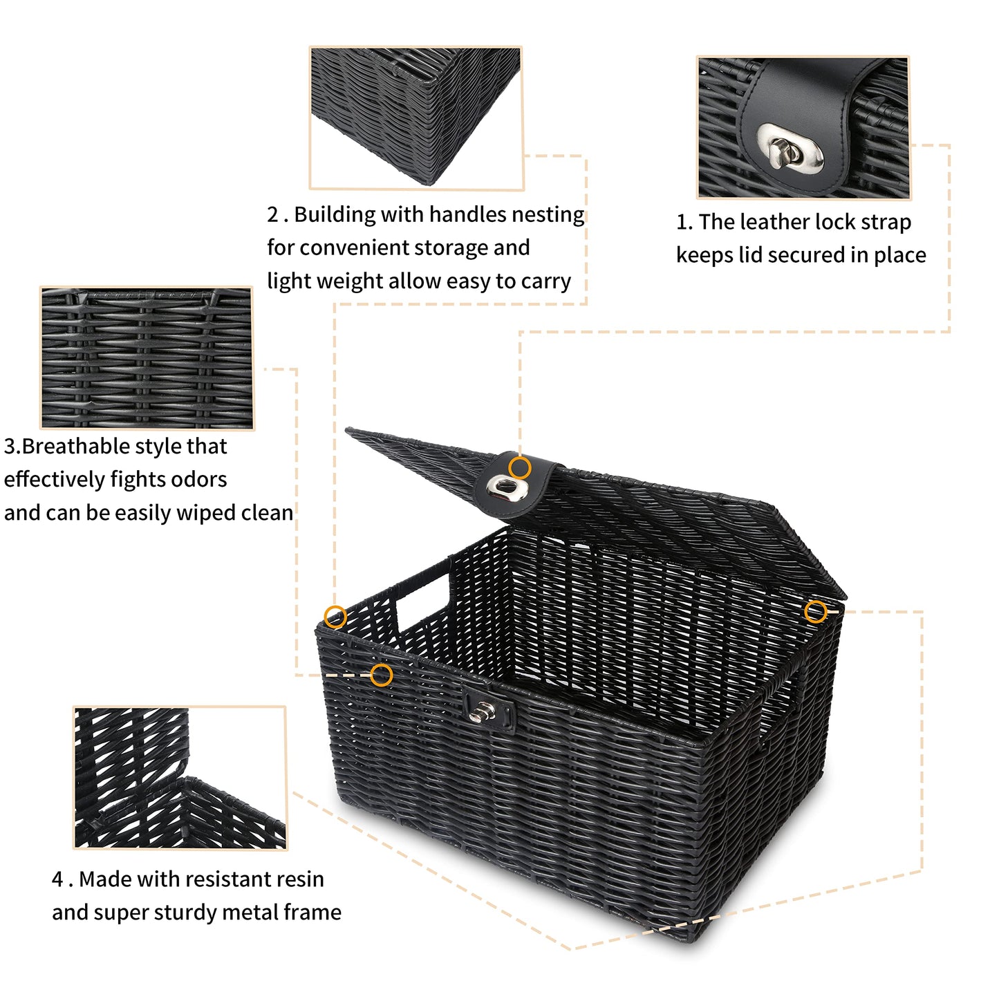 Honygebia - Juego de 3 cestas de almacenamiento de mimbre negro - Cajas decorativas con tapas, cesta tejida con cerradura y asa, organizador para maquillaje, belleza, decoración de baño