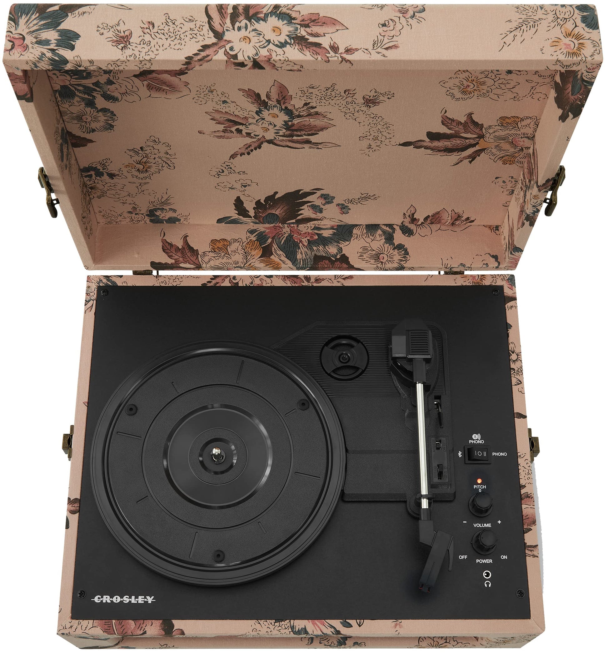 Crosley CR8017B-FL Voyager - Tocadiscos de Vinilo portátil clásico con Entrada y Salida Bluetooth y Altavoces Integrados, Floral
