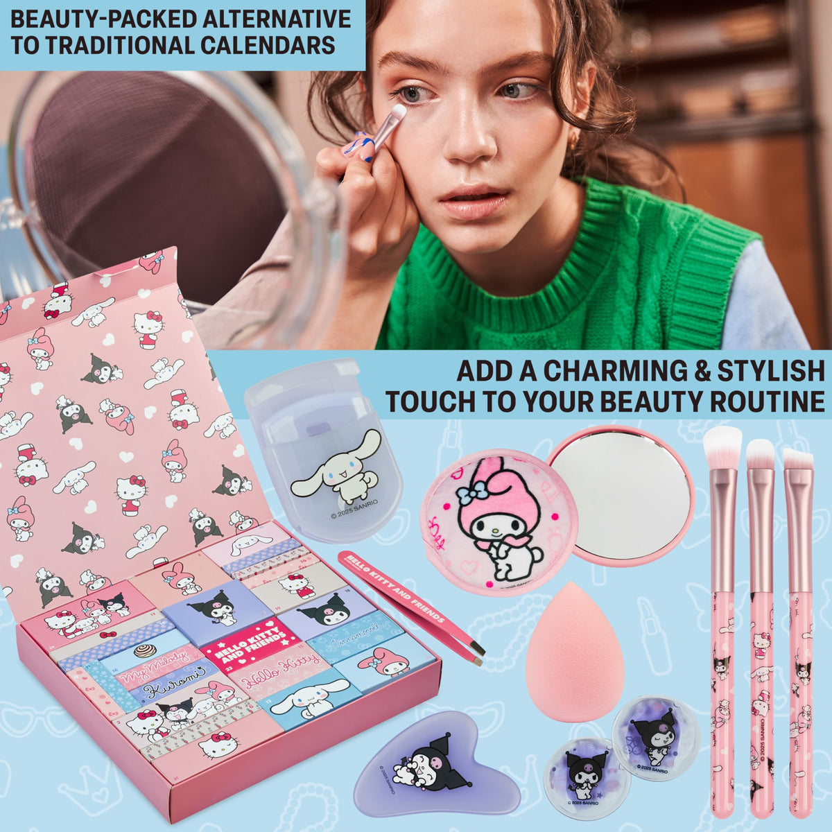 Calendario de Adviento Hello Kitty 2025 para mujeres y adolescentes, brochas de maquillaje, pinzas para el cabello, máscara de ojos, kit de regalo de belleza y cuidado personal, cuenta regresiva
