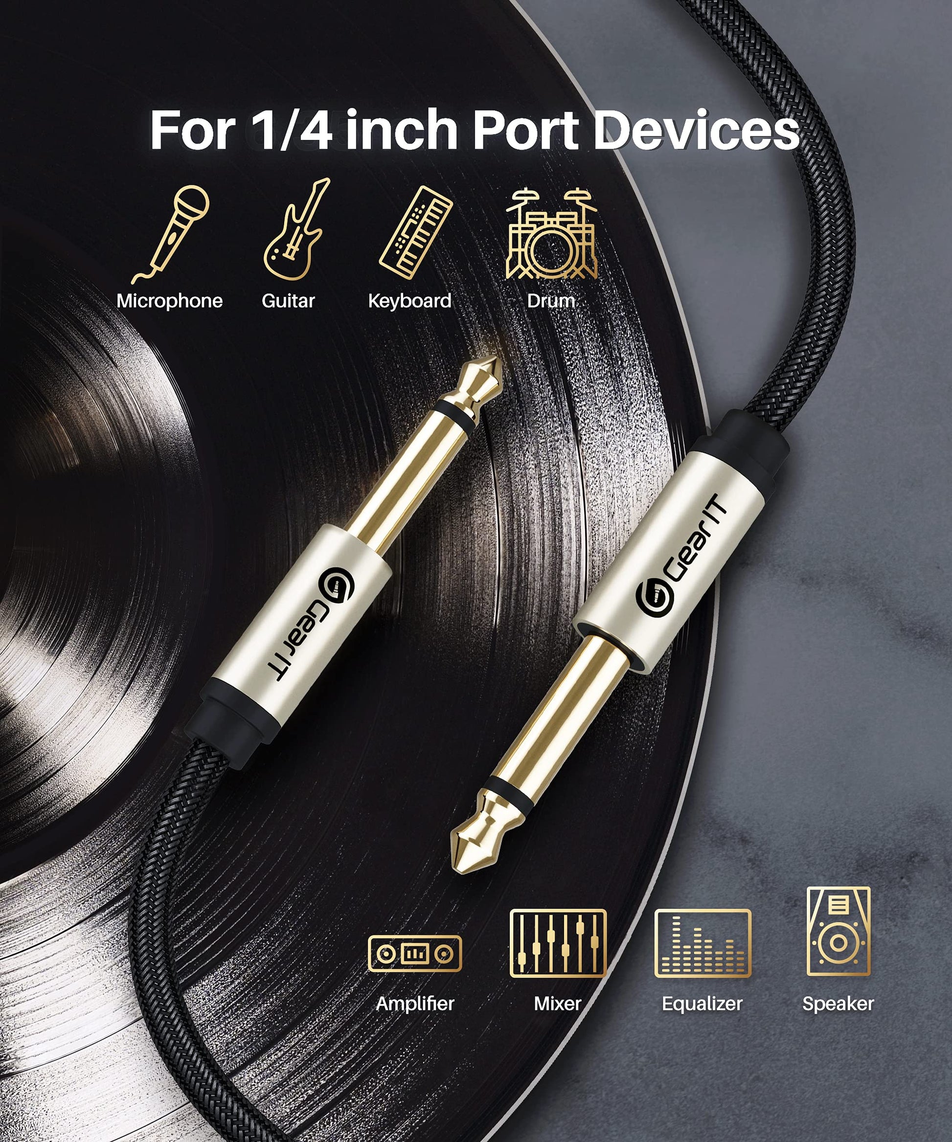 GearIT - Cable para guitarra eléctrica de 1/4 pulgadas a 1/4 pulgadas (90 centímetros, paquete de 2 TS recto, macho a macho, Mono Jack de 6.35 mm con conector de aleación y trenzado de nailon