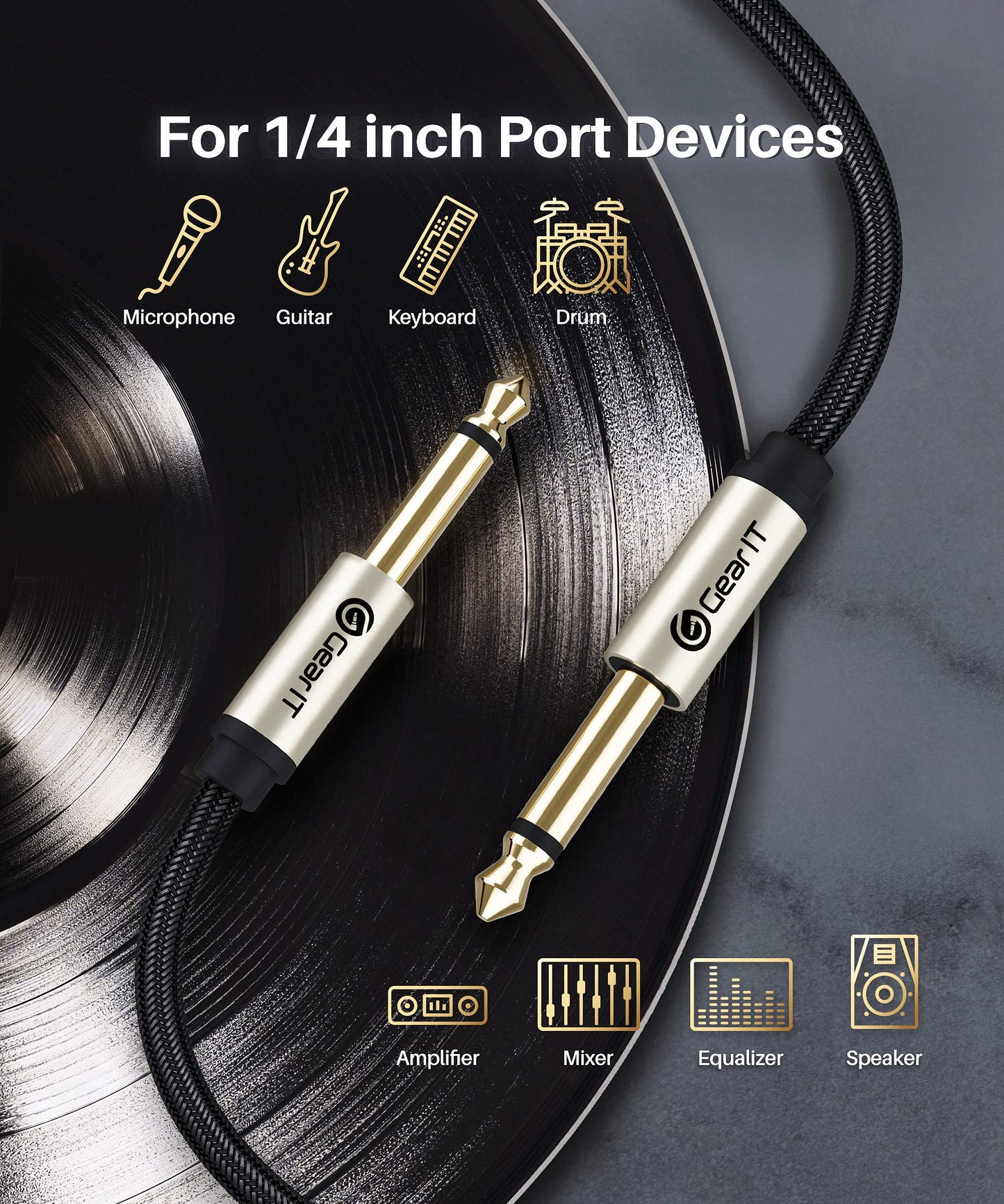 GearIT - Cable para guitarra eléctrica de 1/4 pulgadas a 1/4 pulgadas (3 metros, paquete de 2 TS recto, macho a macho, Mono Jack de 6.35 mm con conector de aleación y trenzado de nailon