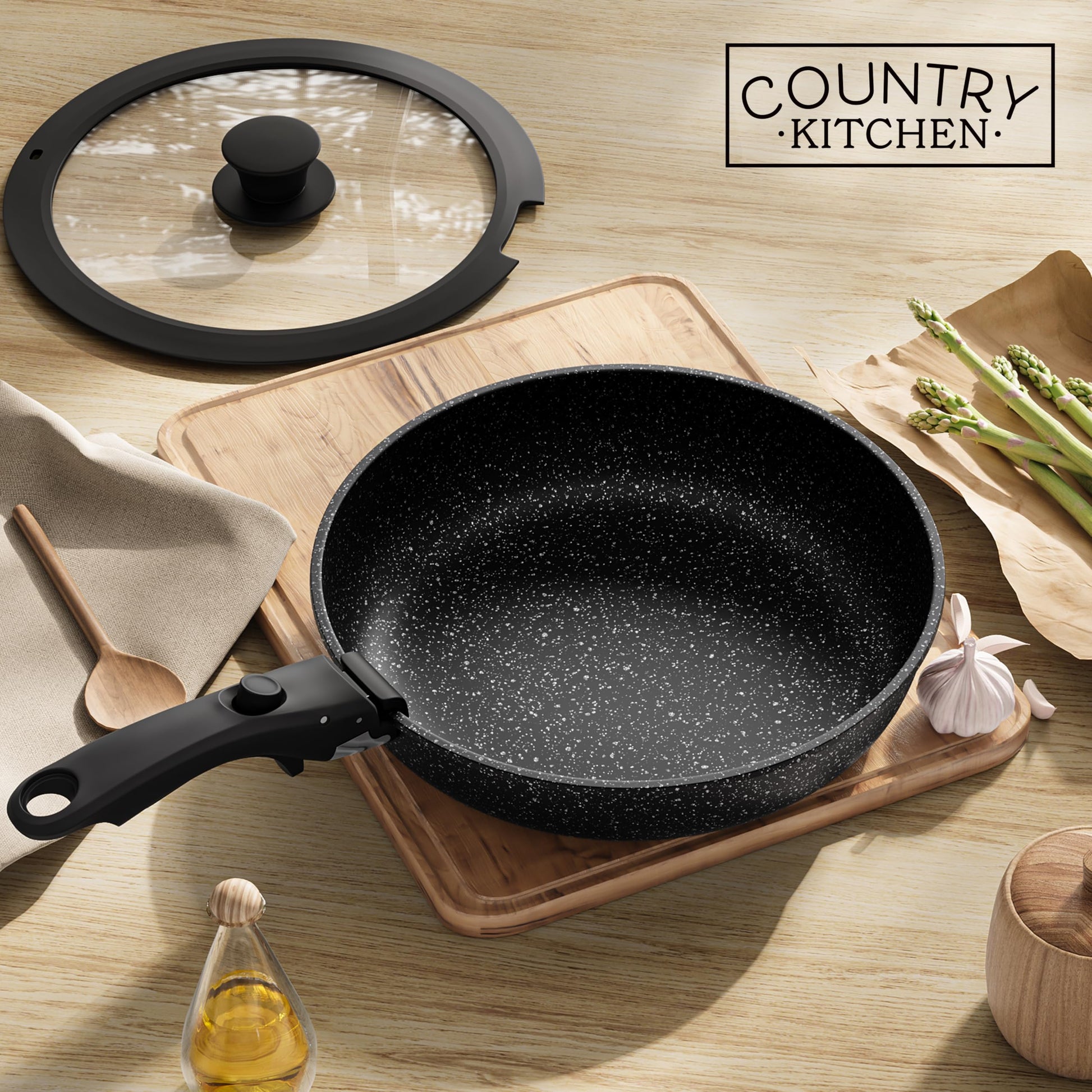 Country Kitchen - Juego de ollas y sartenes de 13 piezas, utensilios de cocina antiadherentes seguros con mango extraíble, juego de utensilios de cocina para RV, apto para horno (negro)