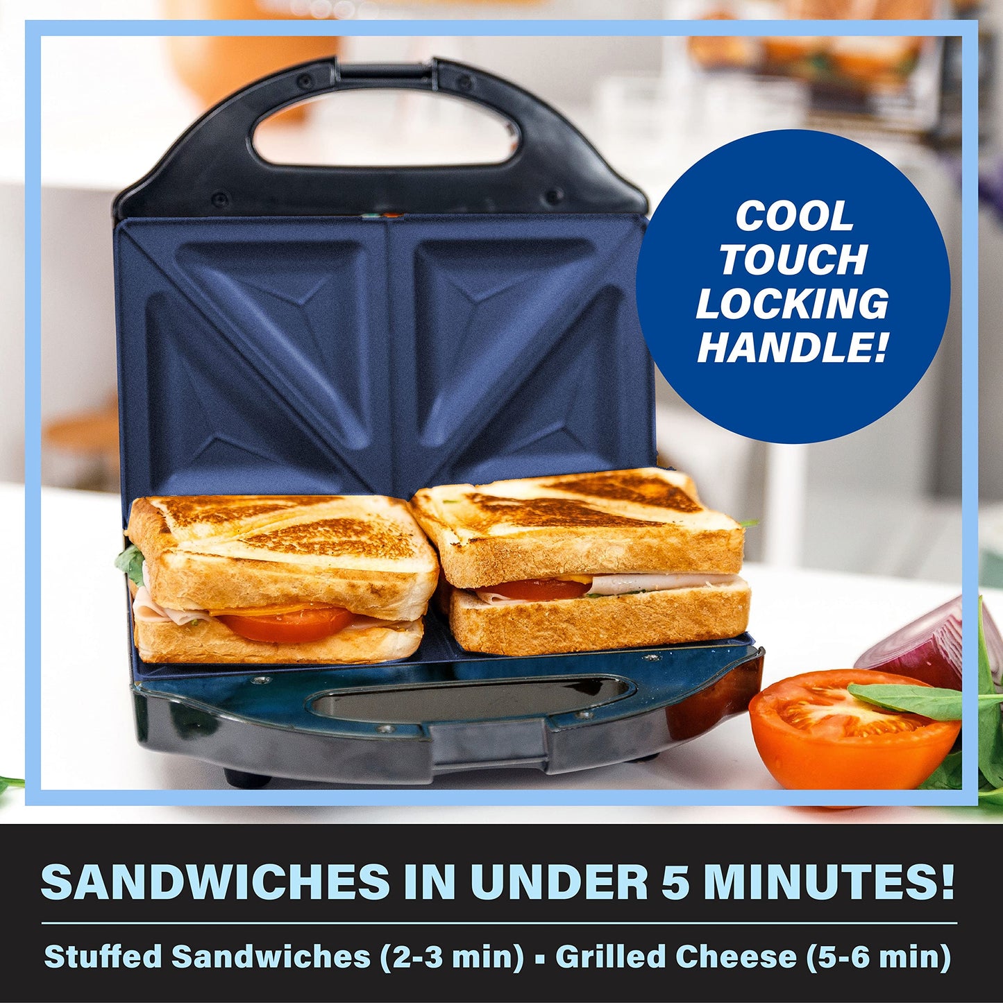 Granitestone Sandwichera, tostador y parrilla eléctrica Panini con superficie mineral ultra antiadherente, hace 2 sándwiches en minutos prácticamente sin limpieza, con bordes de corte fácil y luces