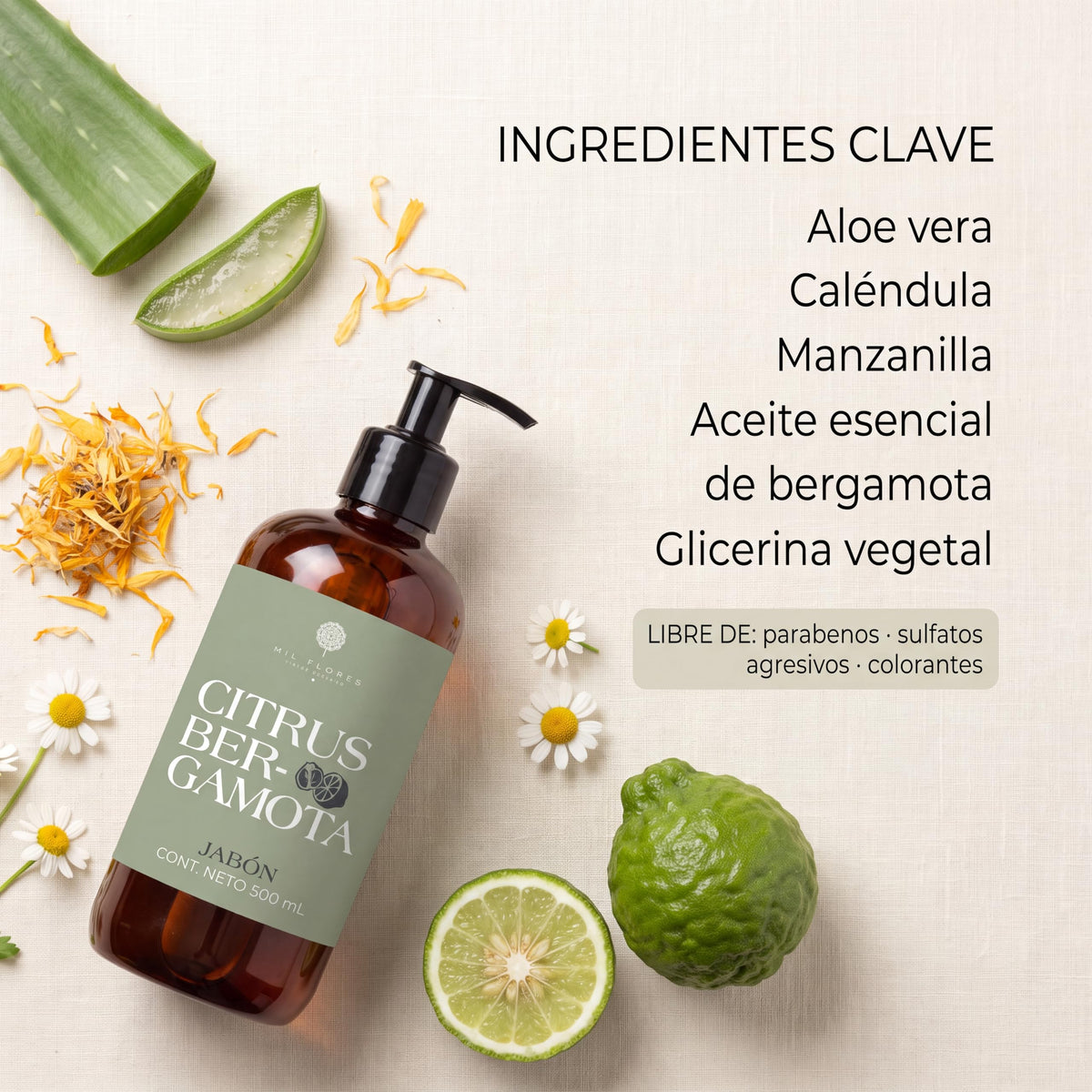 Mil Flores — Jabón Líquido Premium para Manos 500 ml CITRUS BERGAMOTA | Ritual de Aromaterapia | Hidrata y Cuida la Piel | Esencias 100% Naturales