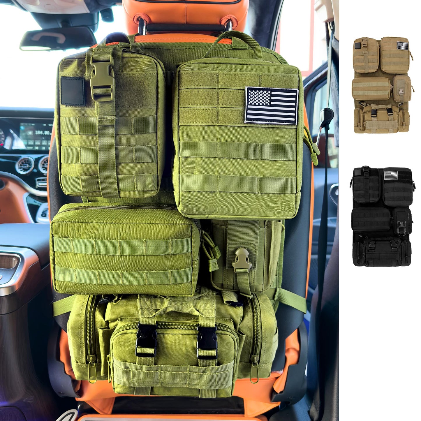 Paquete de 6 organizadores tácticos MOLLE para respaldo de asiento de automóvil - Bolsa de almacenamiento universal para vehículos con 5 bolsas MOLLE desmontables, parche de bandera de EE.UU. y