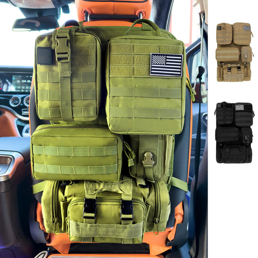 Organizadores Tácticos MOLLE para Respaldo de Asiento de Automóvil con 5 Bolsas y Parche de Bandera de EE.UU. (Paquete de 6)