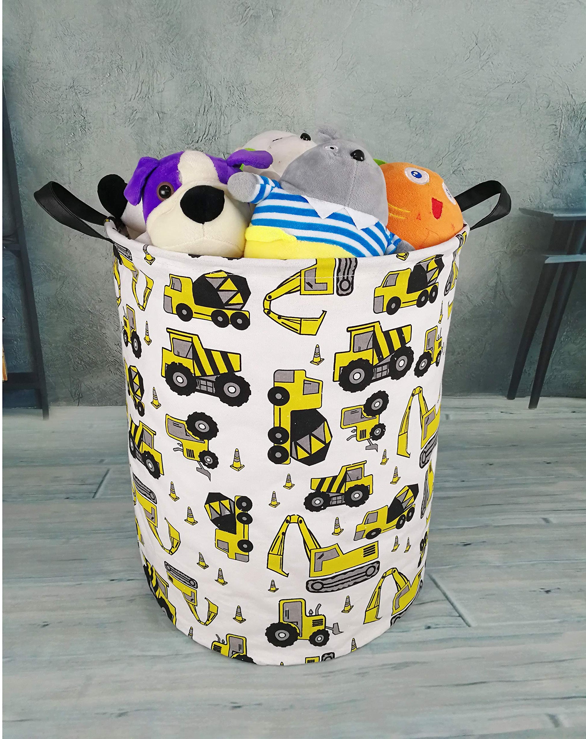 KUNRO Cesta de almacenamiento redonda de gran tamaño con revestimiento impermeable, cesta organizadora para ropa de guardería, juguetes (excavadora)