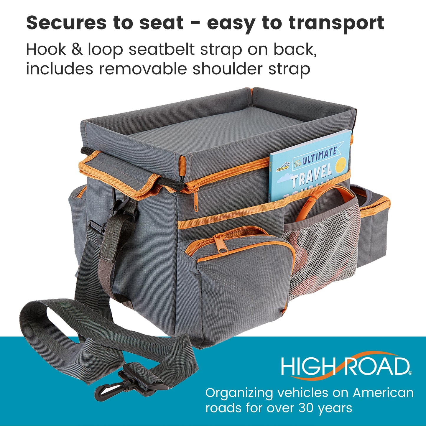 High Road CarHop Organizador de asiento de coche para niños y adultos con bandeja para portavasos y bolsillos laterales y compartimento para refrigerador (mediano, gris)