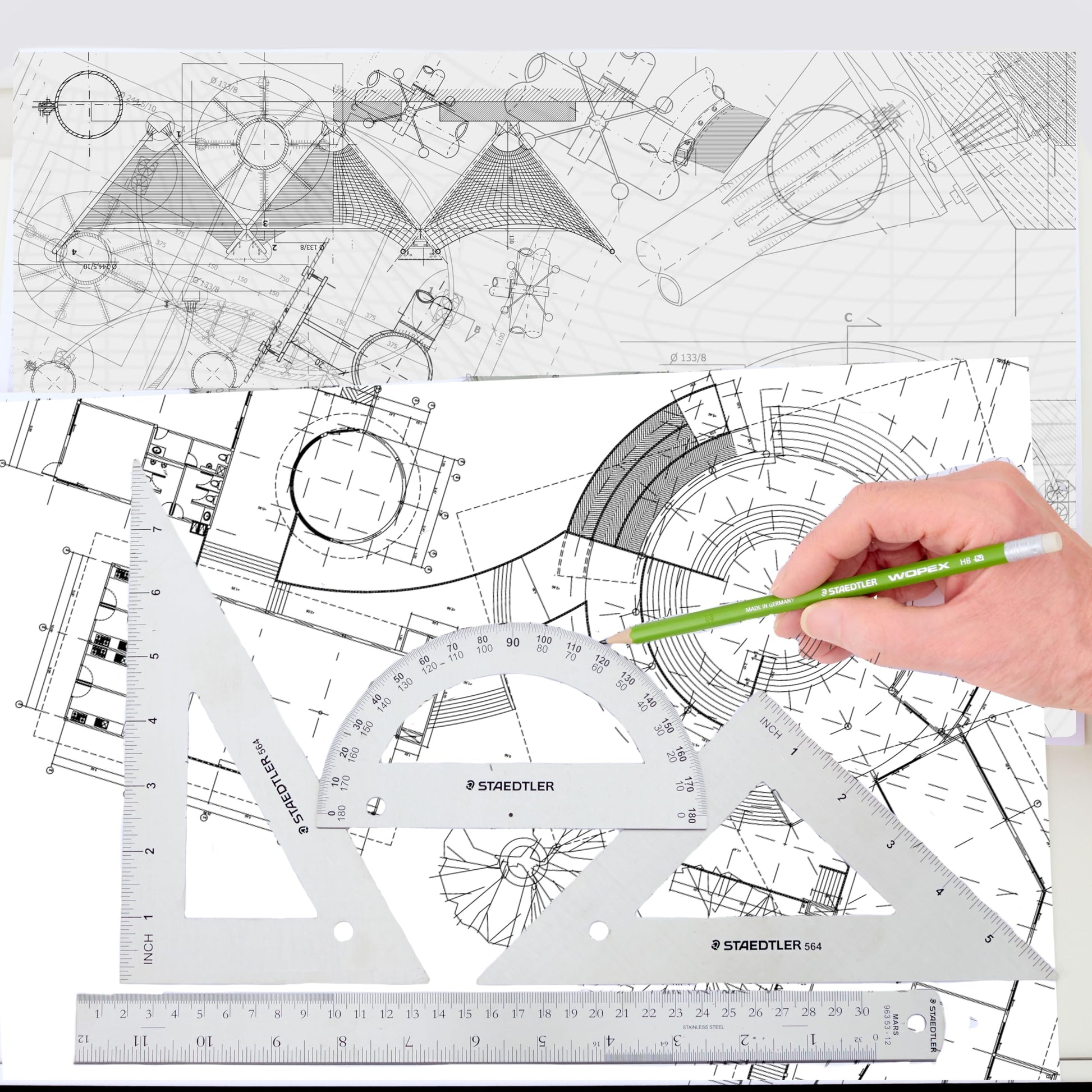 Juego de Matemáticas STAEDTLER Acero Inoxidable con Regla de 12 Pulgadas y 2 Cuadrados Triangulares para Dibujo de Precisión