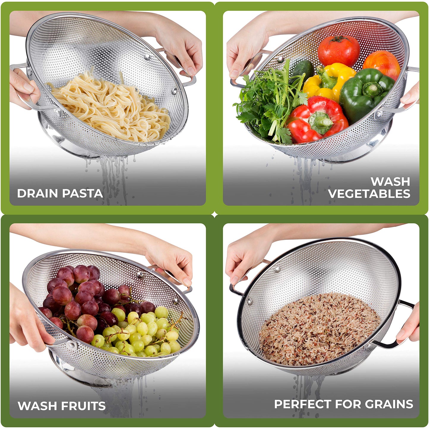 LiveFresh Stainless Steel Micro-perforated 5-Quart Colander - Professional Strainer with Heavy Duty Handles and Self-draining Solid Ring Base - SAVE 50+% by LiveFresh