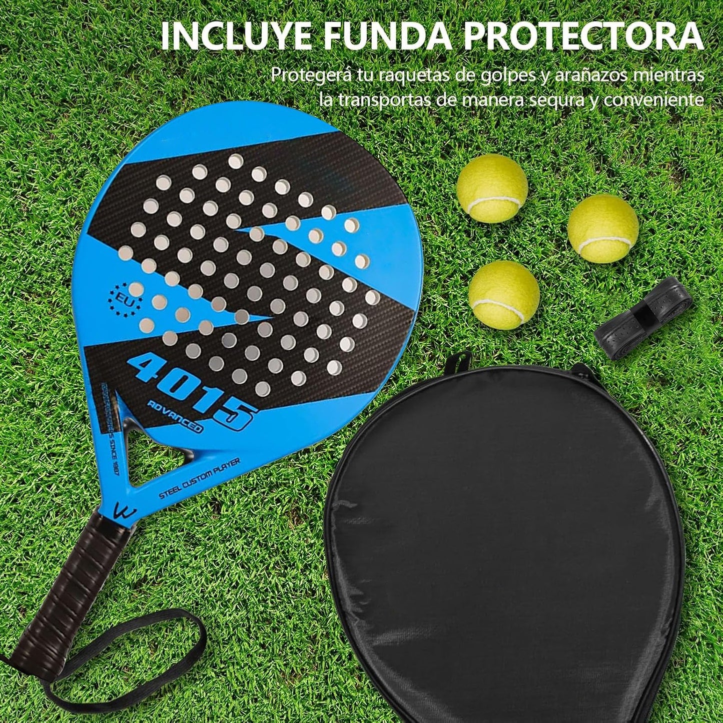 KUEIY Pala de pádel con Funda, con 3 Bolas y Grip, sándwich de Espuma EVA, Fabricada en Fibra de Carbono, Apta para Jugadores Principiantes e intermedios (Azul)